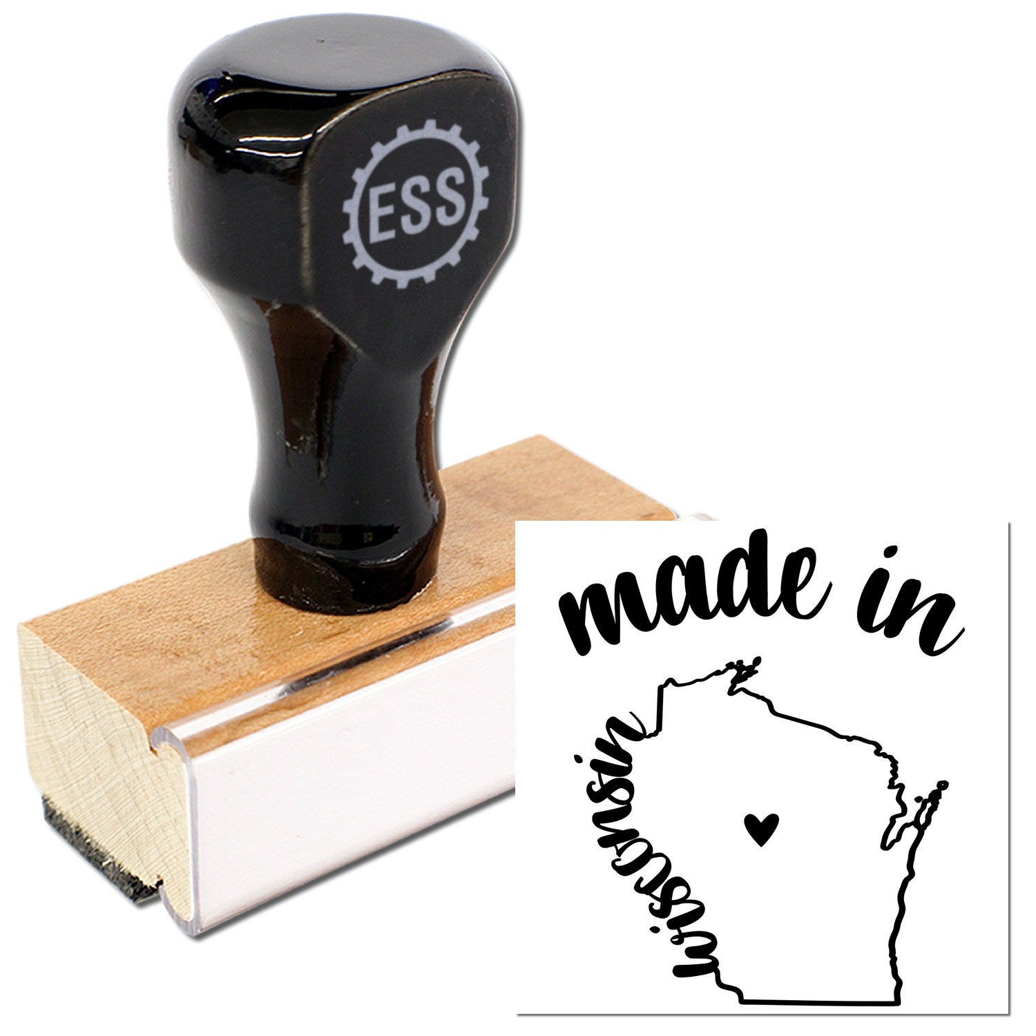 Made with Love in Wisconsin Rubber Stamp featuring a wooden handle and black imprint of Wisconsin map with heart, perfect for crafts and gifts.