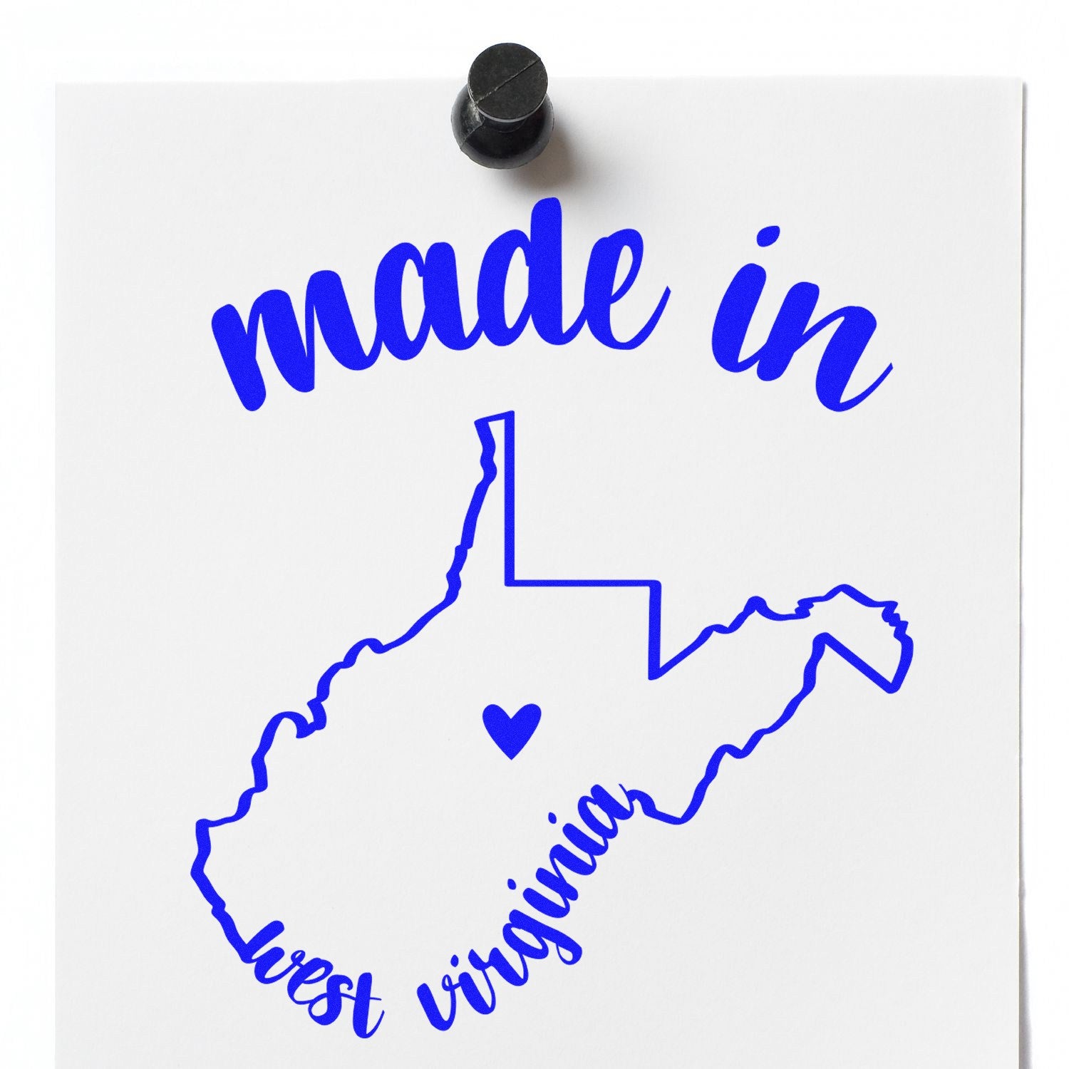 Self-Inking Handmade with Love in West Virginia Stamp featuring a blue outline of West Virginia with a heart, perfect for crafts and gifts. Includes 'made in West Virginia' text.