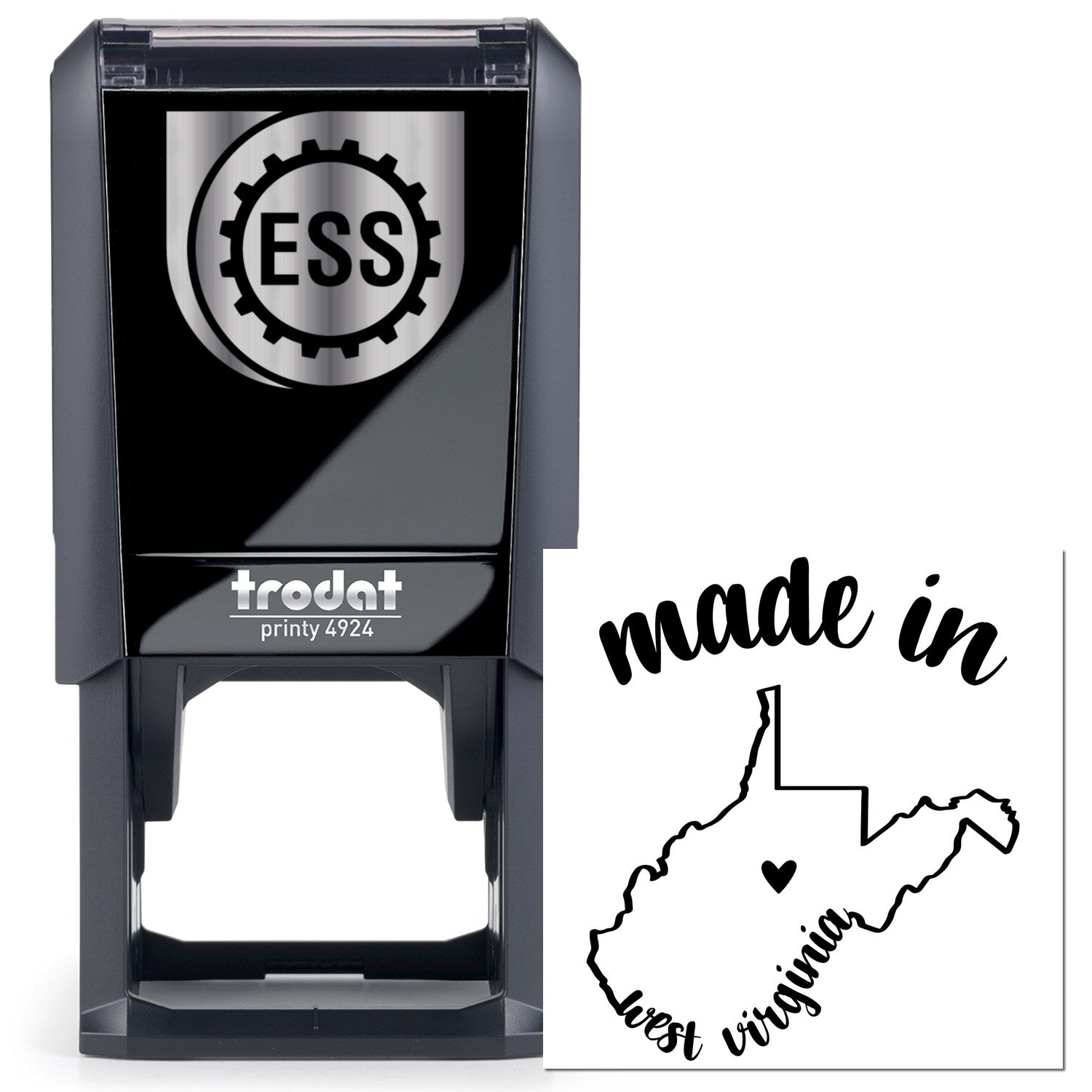 Self-Inking Handmade with Love in West Virginia Stamp featuring a sleek black design with ESS logo, perfect for adding a personal touch to crafts and gifts.