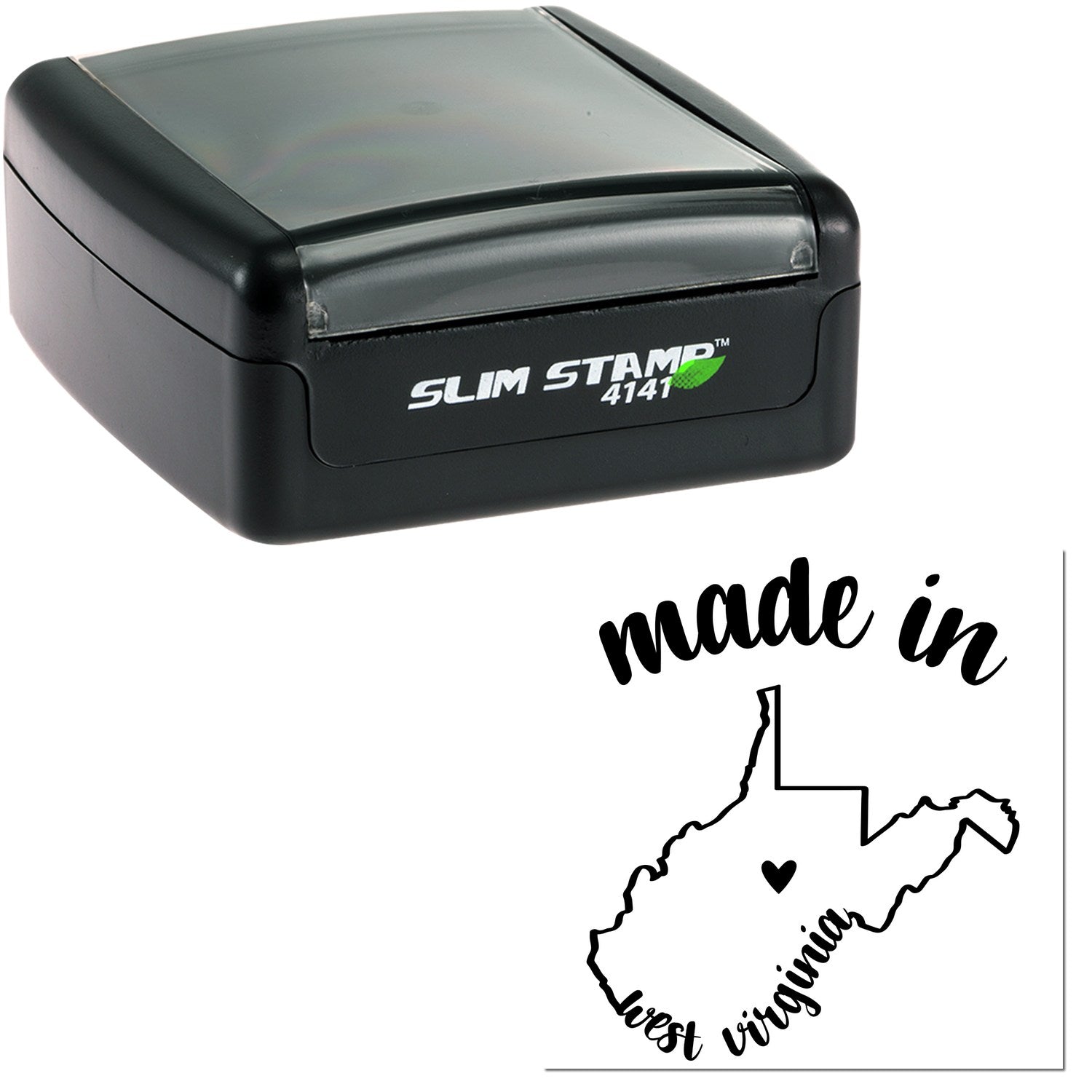 Slim Pre-Inked Stamp West Virginia Made in Stamp, featuring a sleek black design with Slim Stamp 4141 branding, and a Made in West Virginia imprint with state outline and heart.