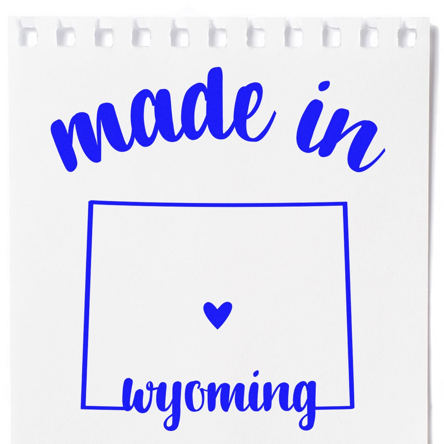 Made with Love in Wyoming Rubber Stamp featuring blue text and heart design on white background, perfect for crafts and gifts.