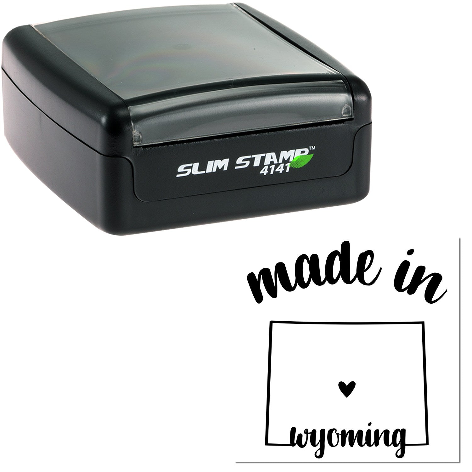 Slim Pre-Inked Stamp Wyoming Made in Stamp, black casing, compact design, with made in Wyoming imprint featuring a heart inside the state outline. Perfect for personalized stamping needs.