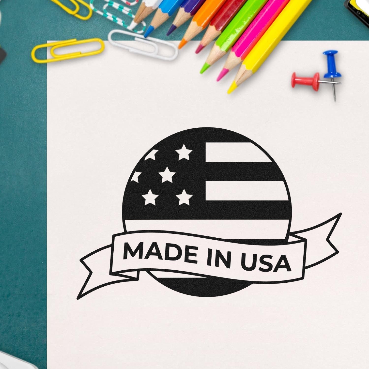 Self-Inking Patriot Seal Of Quality Stamp with Made in USA design, featuring stars and stripes. Ideal for adding a professional touch to documents.