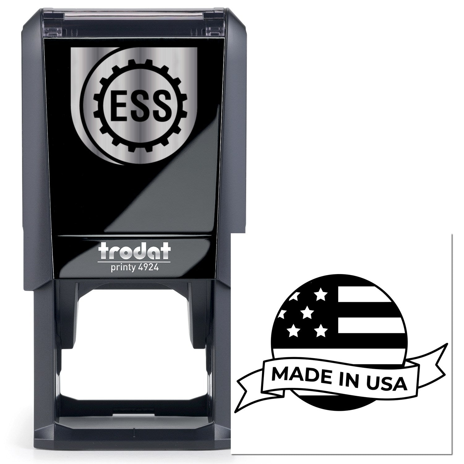 Self-Inking Patriot Seal Of Quality Stamp, featuring a sleek black design with ESS logo and Made in USA emblem, ideal for professional use.