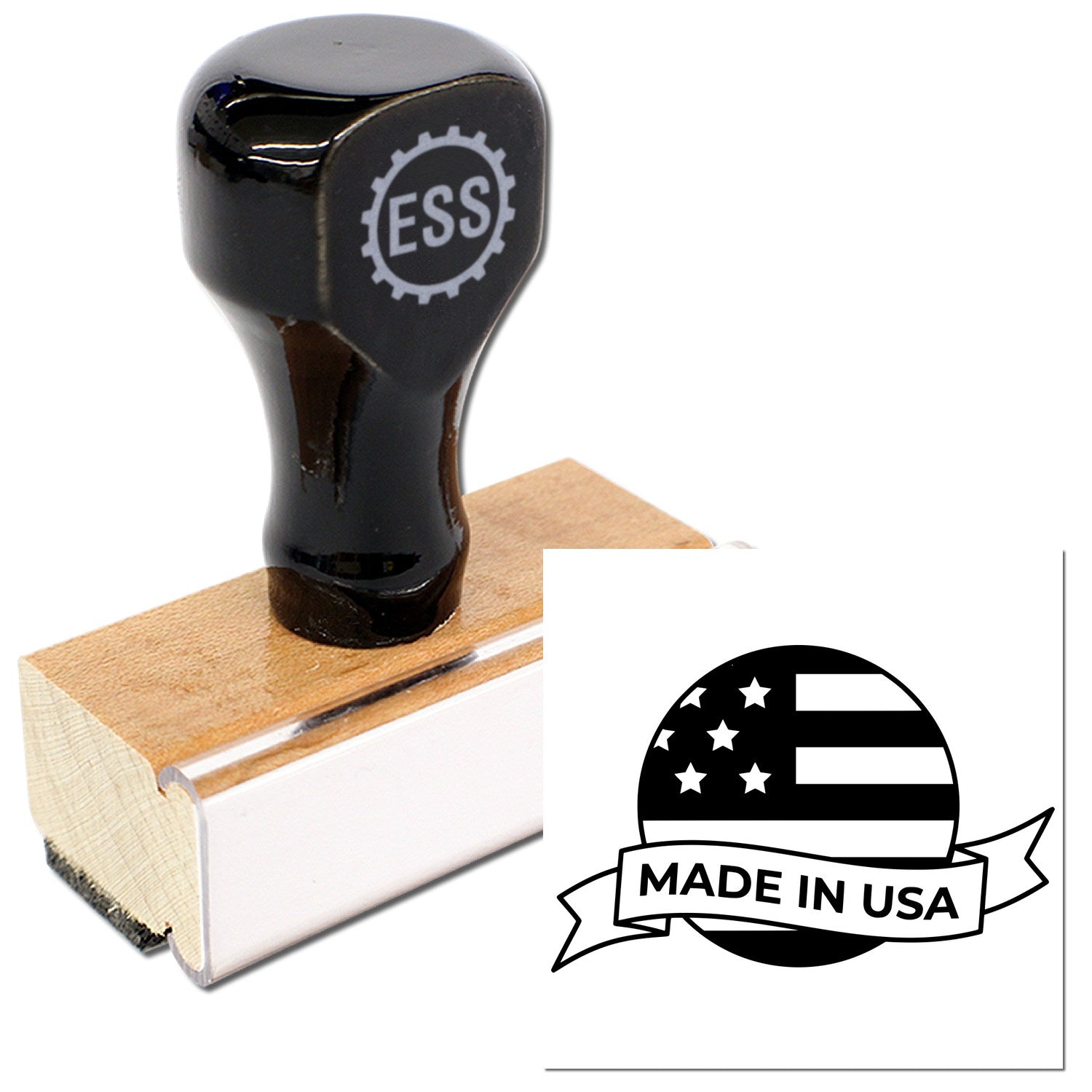 Wood Handle Patriot Seal Of Quality Rubber Stamp with black top and engraved ESS logo, featuring a wooden base and Made in USA design. Perfect for crafting and professional use.