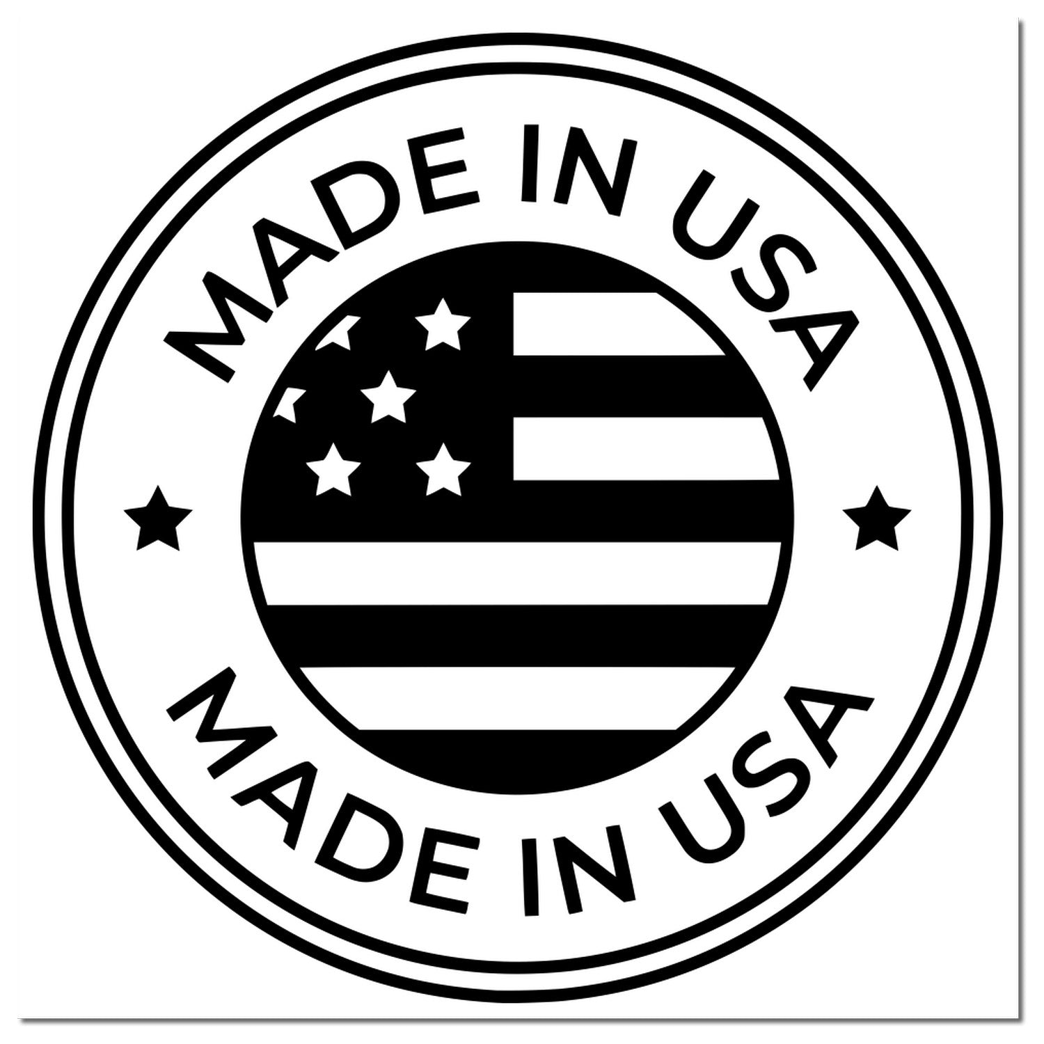 PSI Pre-Inked Patriotic Seal Stamp featuring a circular design with 'Made in USA' text and an American flag motif in black and white.