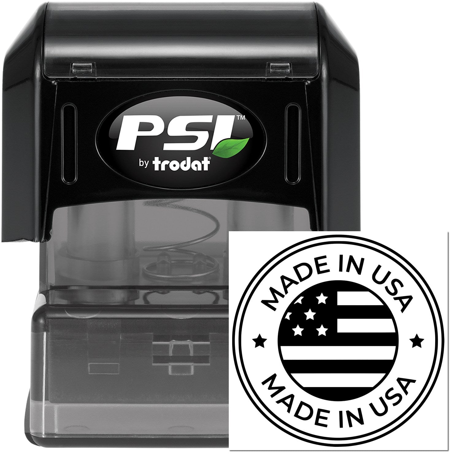 PSI Pre-Inked Patriotic Seal Stamp with 'Made in USA' design, featuring a black casing and clear imprint area, ideal for official documents and crafts.