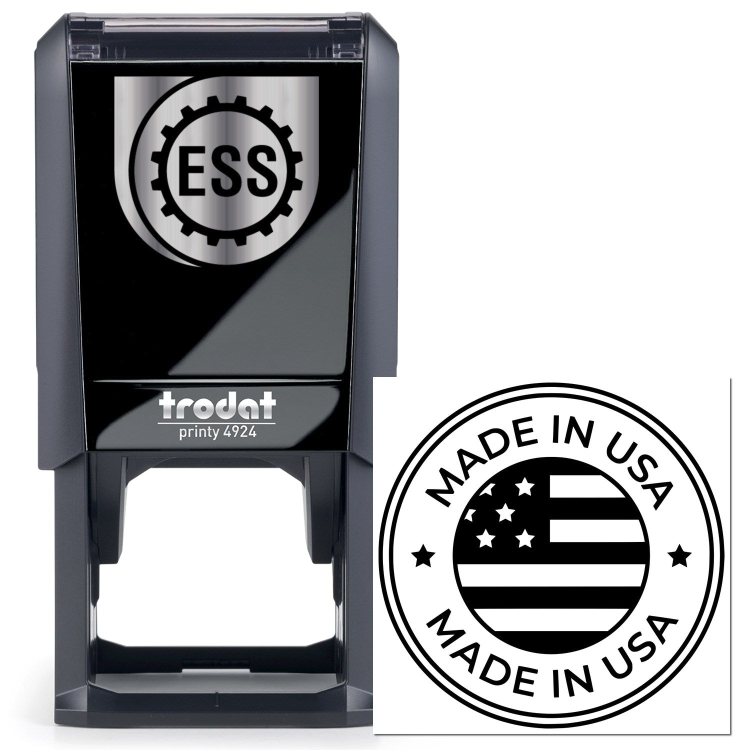 Self-Inking Patriotic Seal Stamp featuring Made in USA design with American flag. Black casing with clear imprint area. Ideal for official documents and crafts.