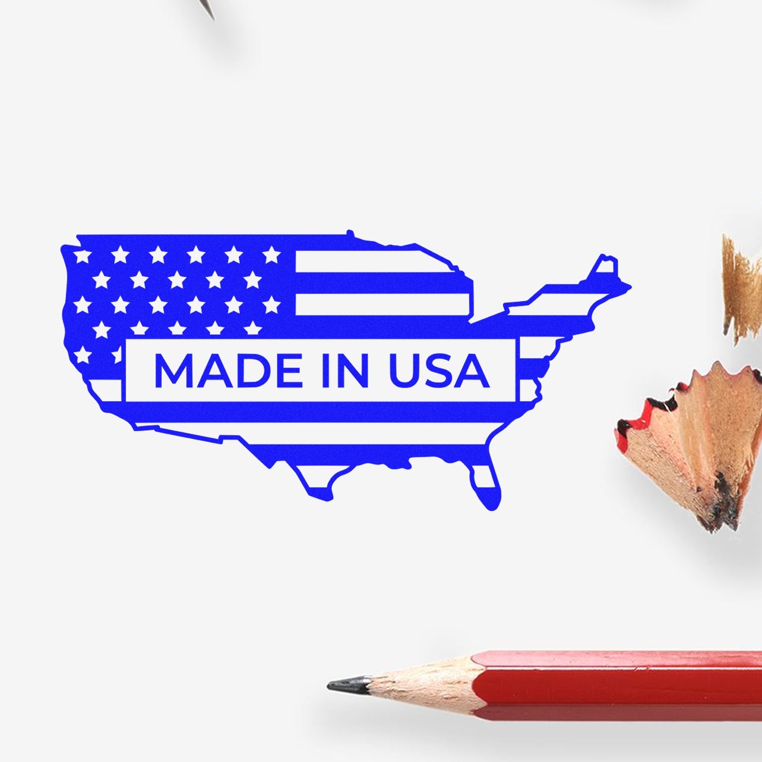 Wood Handle Patriotic USA Seal Rubber Stamp featuring a blue map of the USA with stars and stripes, labeled 'Made in USA.' Includes a wooden handle and red pencil shavings nearby.