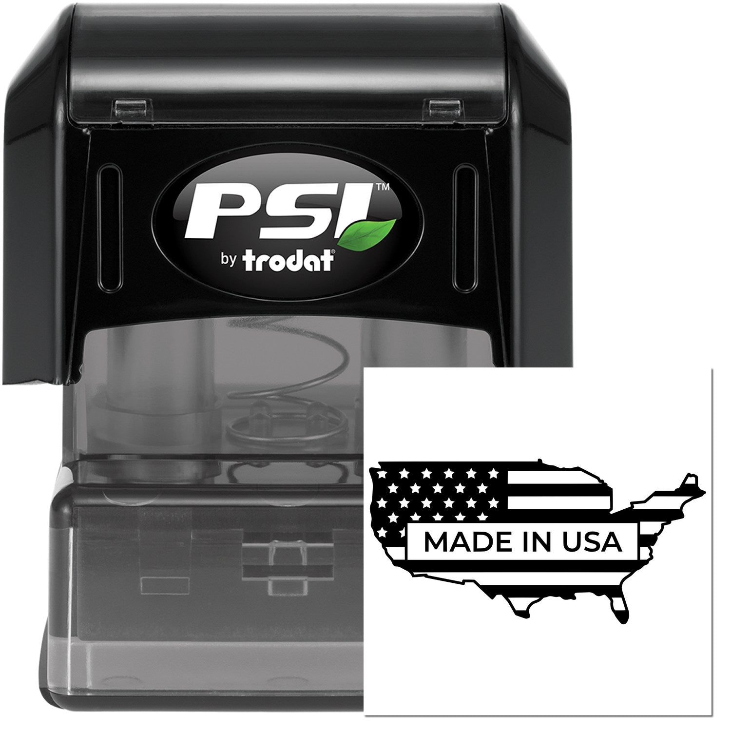 PSI Pre-Inked Patriotic USA Seal Stamp featuring a black casing and a Made in USA map design. Ideal for adding a patriotic touch to documents.