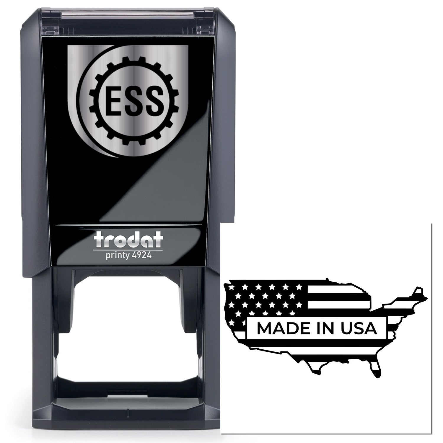 Self-Inking Patriotic USA Seal Stamp with black casing, featuring a map of the USA and 'Made in USA' text. Ideal for adding a patriotic touch to documents.