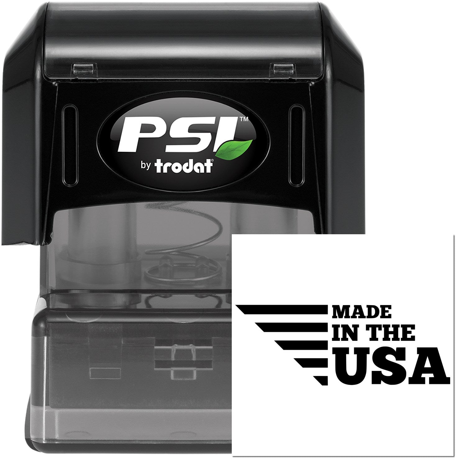 PSI Pre-Inked Patriotic and Proud Stamp, featuring a black casing with 'Made in the USA' imprint, ideal for showcasing American pride. Compact and durable design.