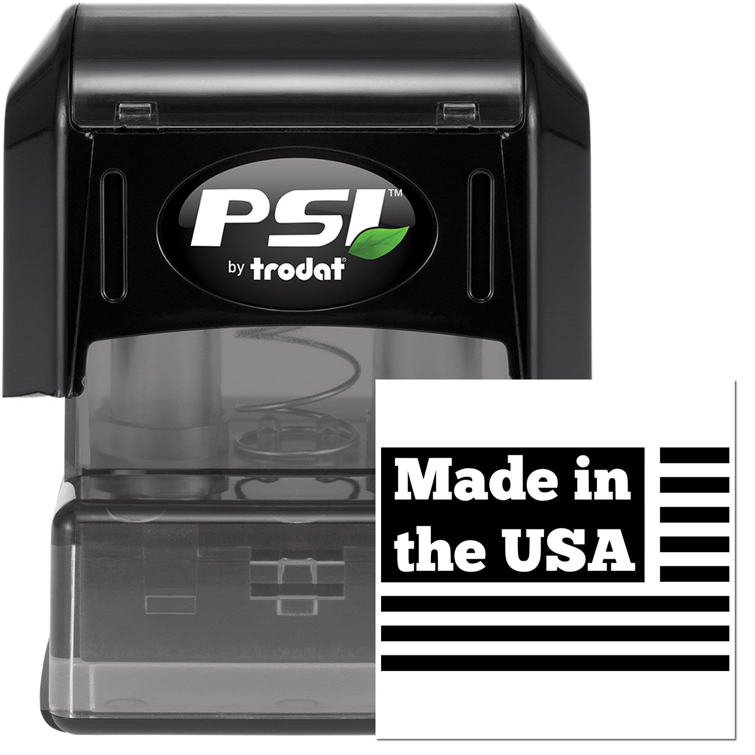 PSI Pre-Inked Patriotic Pride Made in the USA Stamp, featuring a black casing with a Made in the USA imprint design, perfect for adding a patriotic touch to documents and crafts.