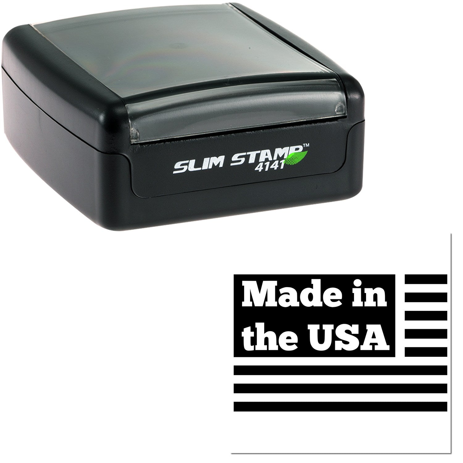 Slim Pre-Inked Patriotic Pride Made in the USA Stamp, black casing, compact design, with Made in the USA imprint. Ideal for efficient, high-quality stamping.