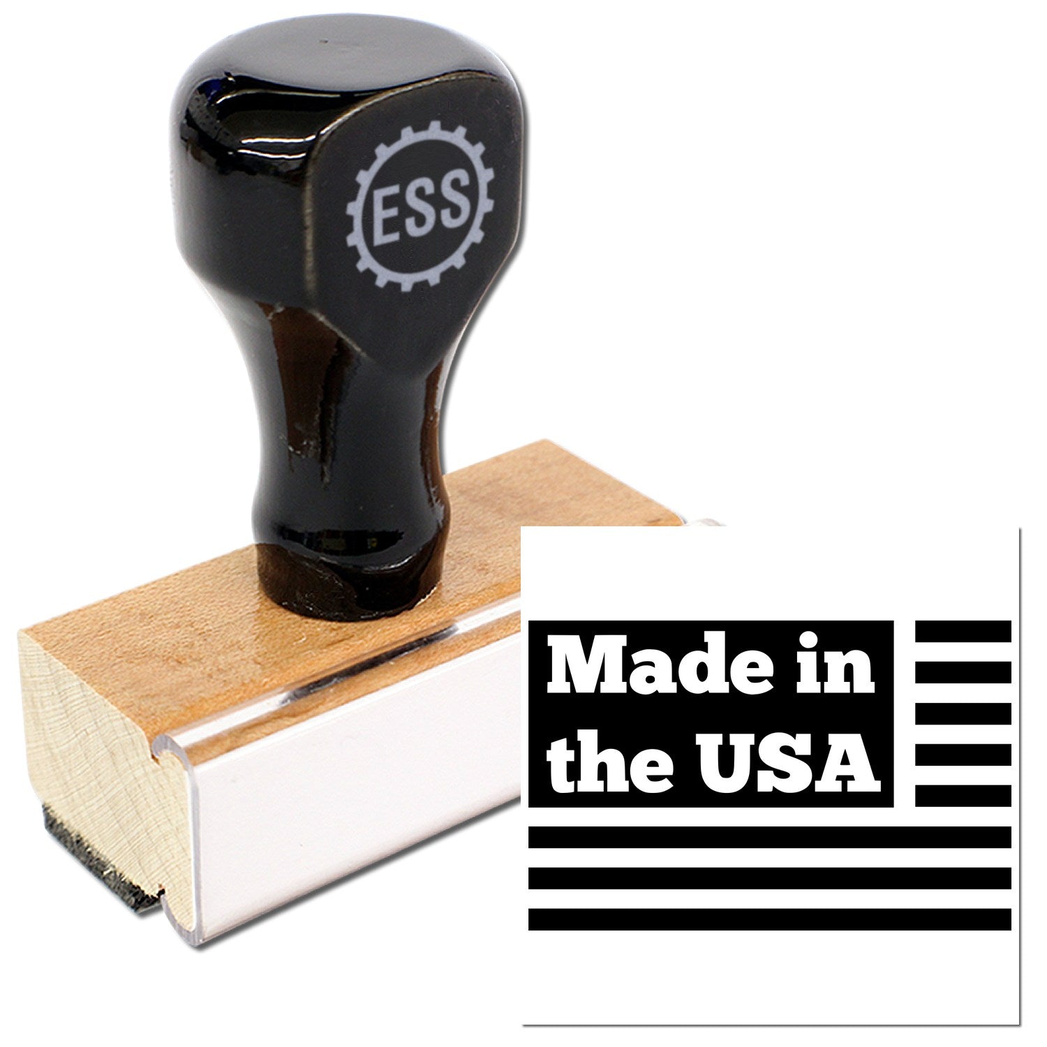 Wood Handle Patriotic Pride Made in the USA Rubber Stamp with black top and engraved wooden base, featuring Made in the USA text and stripes design. Perfect for crafting and branding.