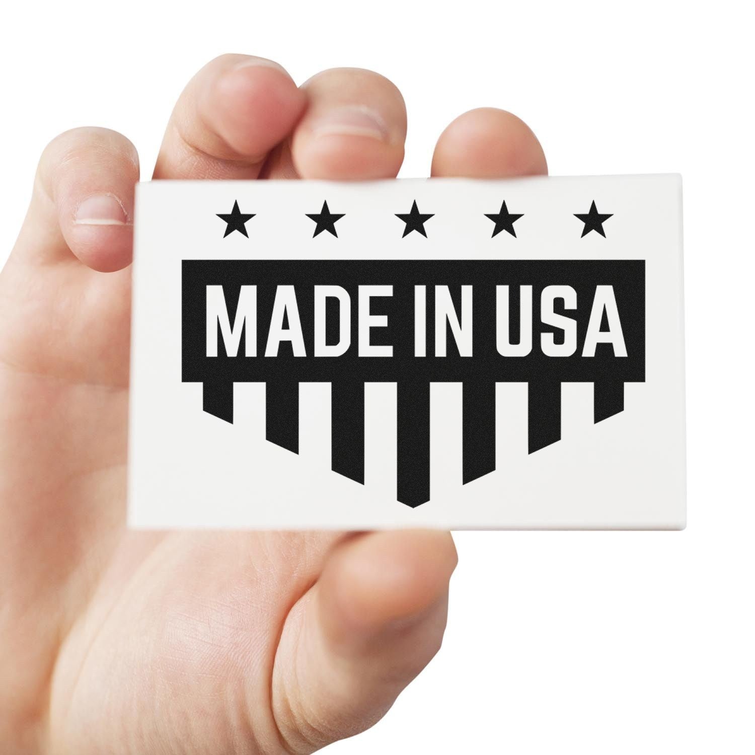 Self-Inking Patriotic Quality Seal Stamp with Made in USA design, featuring stars and stripes, held in hand. Perfect for adding a patriotic touch to documents and crafts.