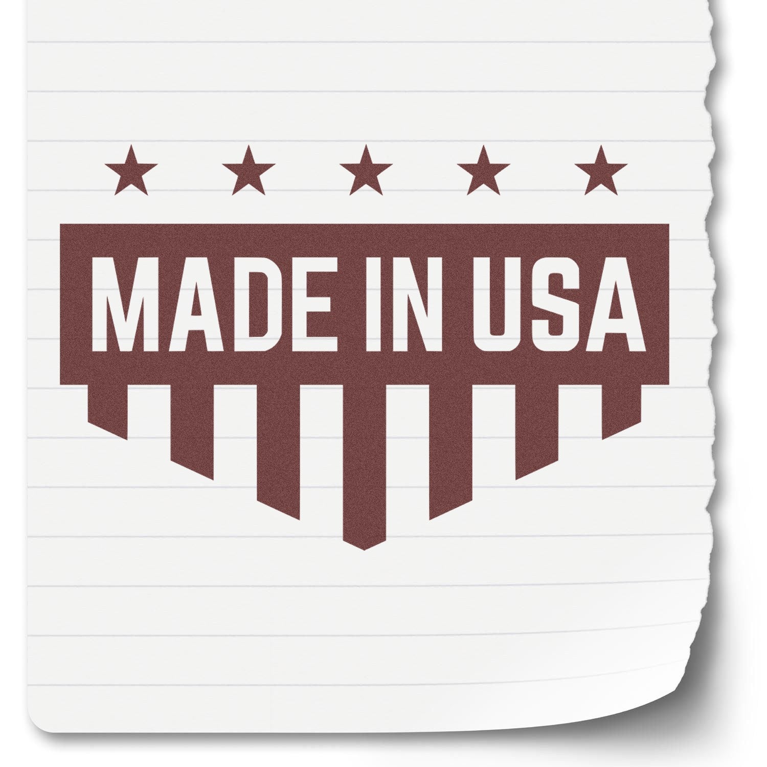 Wood Handle Patriotic Quality Seal Rubber Stamp with Made in USA design, featuring stars and stripes, on a torn paper background. Ideal for adding a patriotic touch to documents.