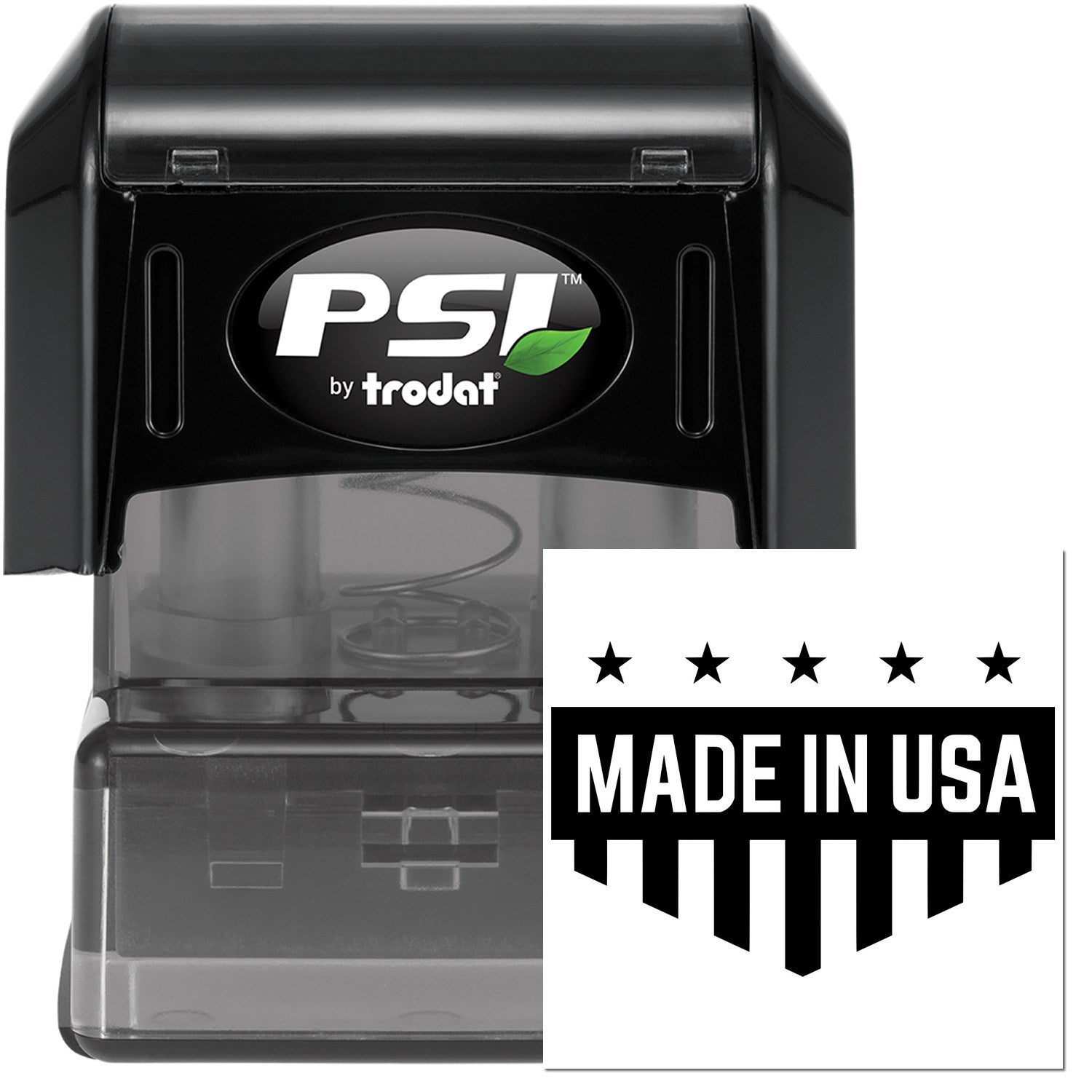 PSI Pre-Inked Patriotic Quality Seal Stamp, featuring a black casing with Made in USA design and stars, ideal for professional use.