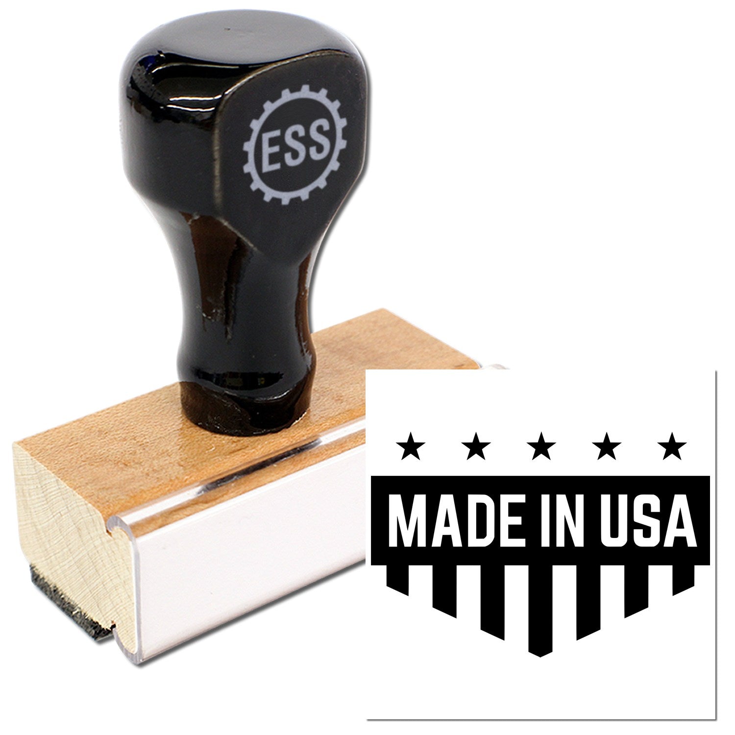 Wood Handle Patriotic Quality Seal Rubber Stamp with black top and ESS logo, featuring a Made in USA design. Perfect for adding a professional touch to documents and crafts.