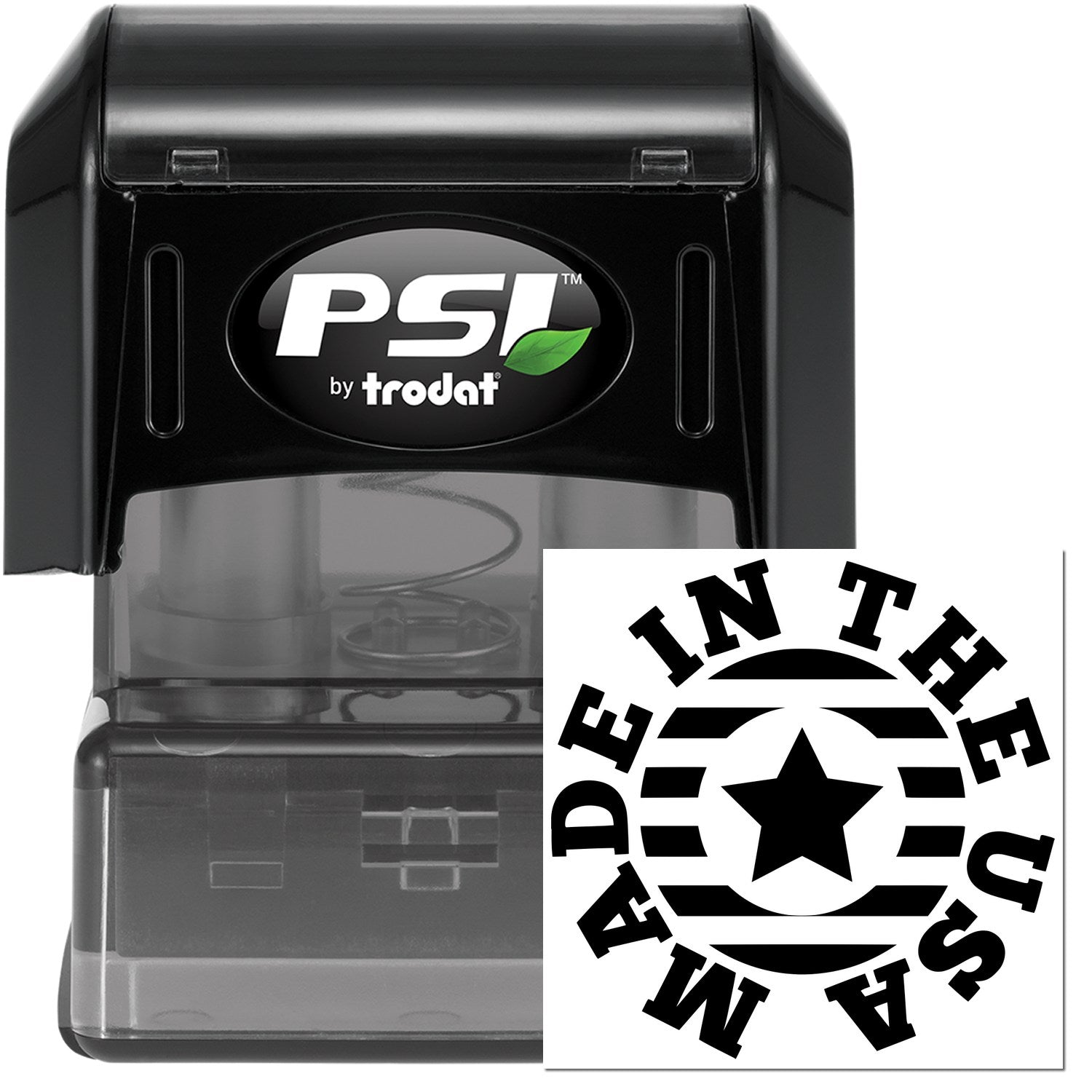 PSI Pre-Inked Made In The USA Star Emblem Stamp, featuring a black casing and a bold Made In The USA star design, ideal for professional use.