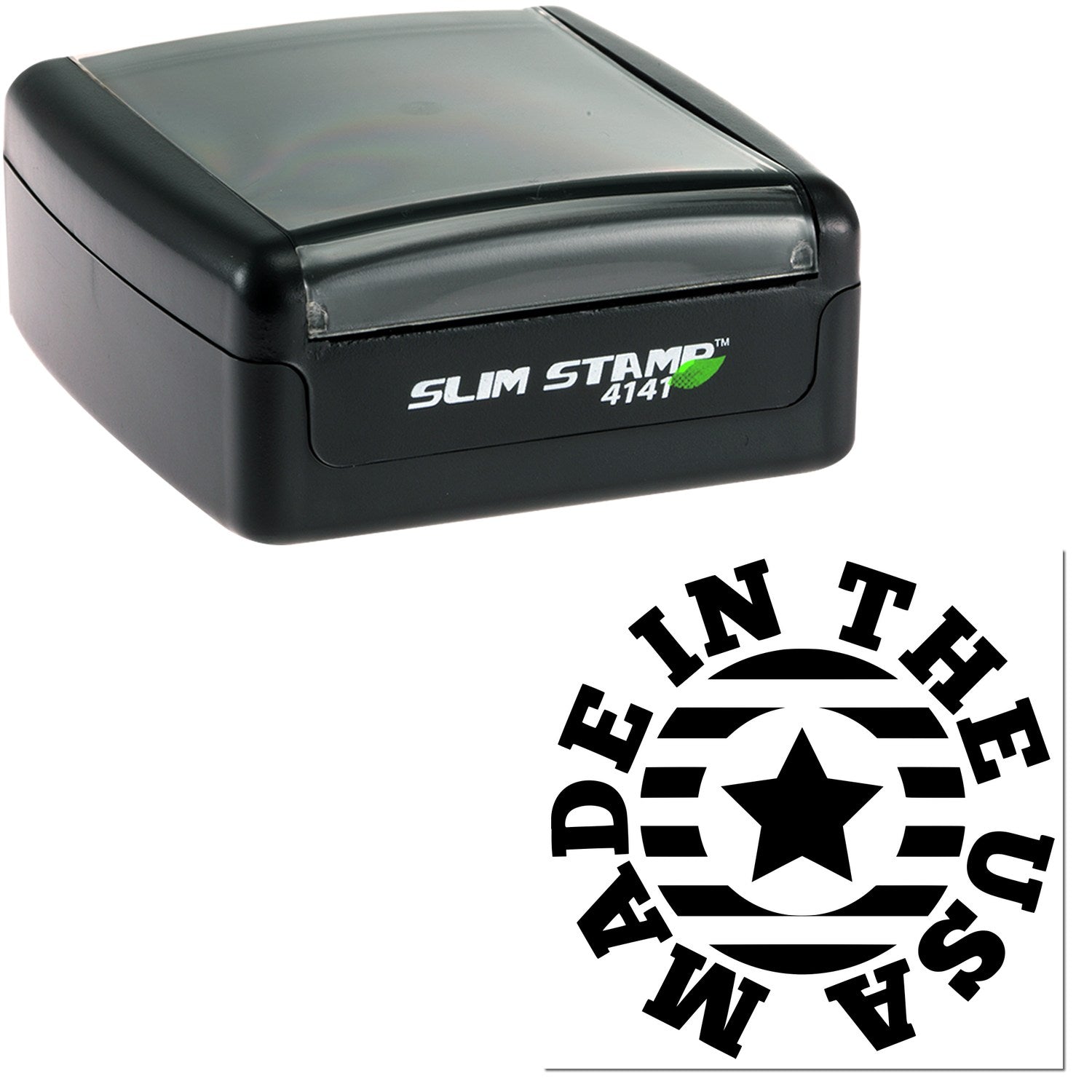 Slim Pre-Inked Made In The USA Star Emblem Stamp, featuring a compact black design with 'Slim Stamp 4141' branding and a star emblem with 'Made In The USA' text.