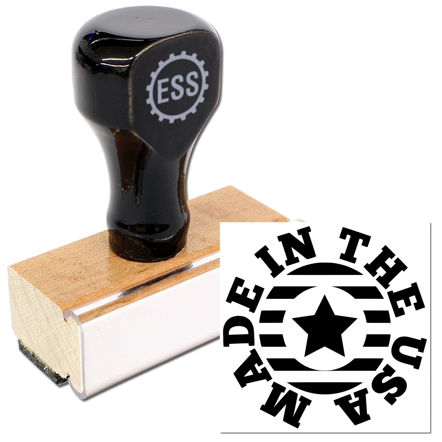 Wood Handle Made In The USA Star Emblem Rubber Stamp featuring a black handle with ESS logo, wooden base, and a star emblem design. Perfect for crafting and branding projects.