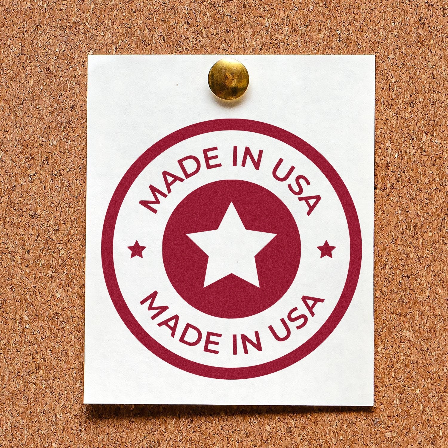 Wood Handle Our Country Craftsmanship Seal Rubber Stamp on corkboard, featuring a Made in USA design with a star in the center. Perfect for adding a patriotic touch to crafts.