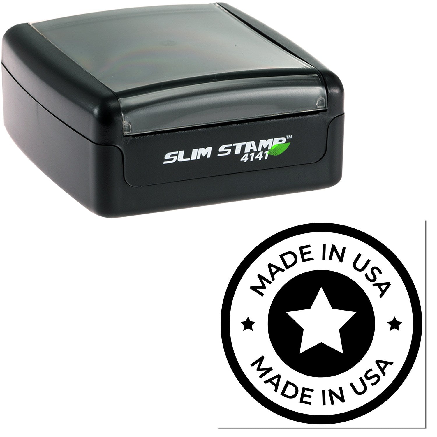 Slim Pre-Inked Our Country Craftsmanship Seal Stamp, black, compact design with Made in USA star emblem. Ideal for professional use.