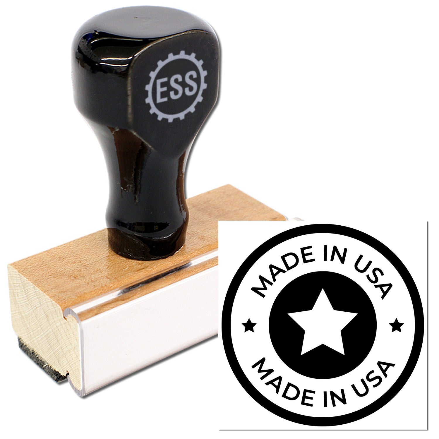 Wood Handle Our Country Craftsmanship Seal Rubber Stamp with black top and ESS logo, featuring Made in USA design. Perfect for adding a professional touch to crafts and documents.