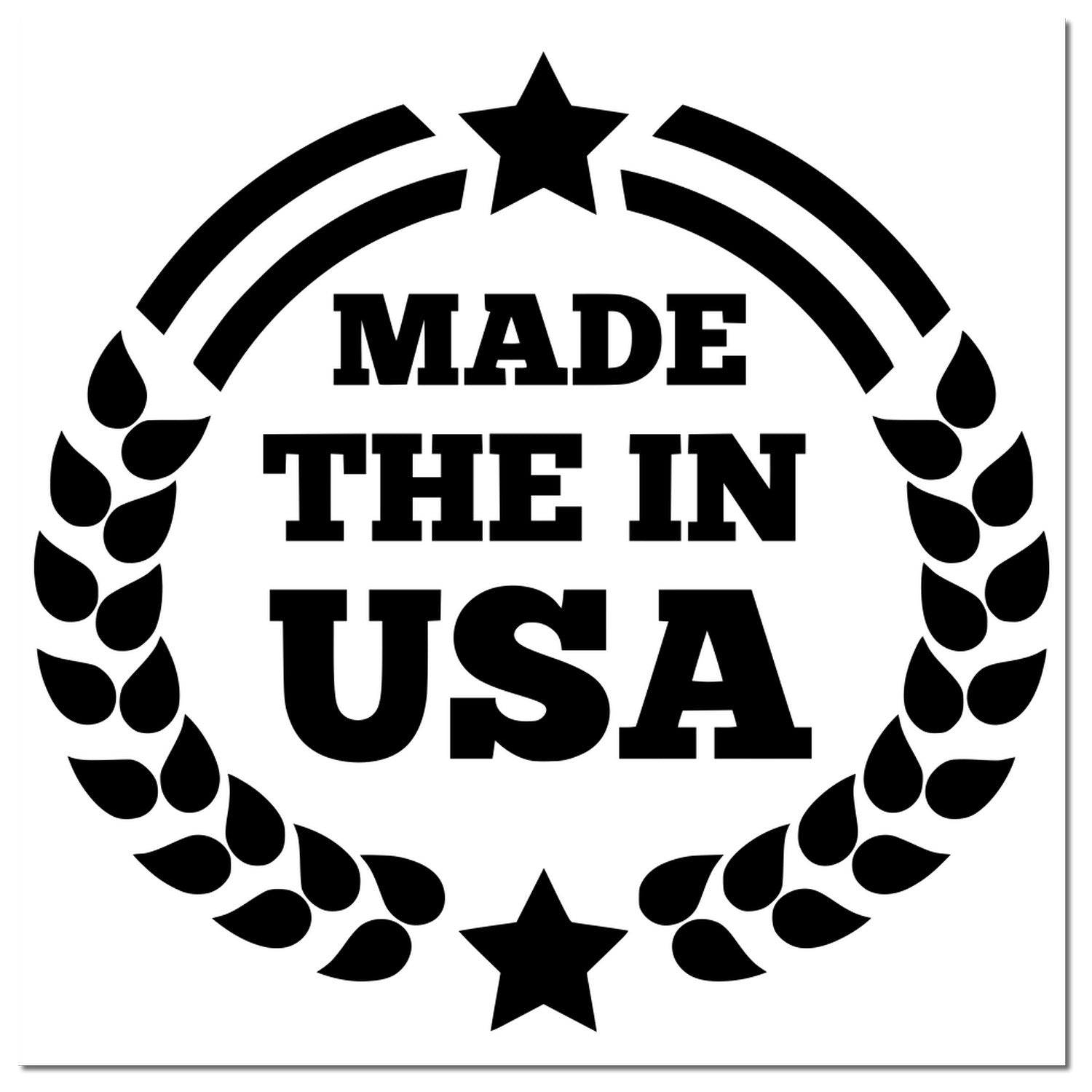 Self-Inking Made In The USA Proudly Stamp with bold black text and star design, featuring laurel wreath accents, perfect for marking documents with American pride.