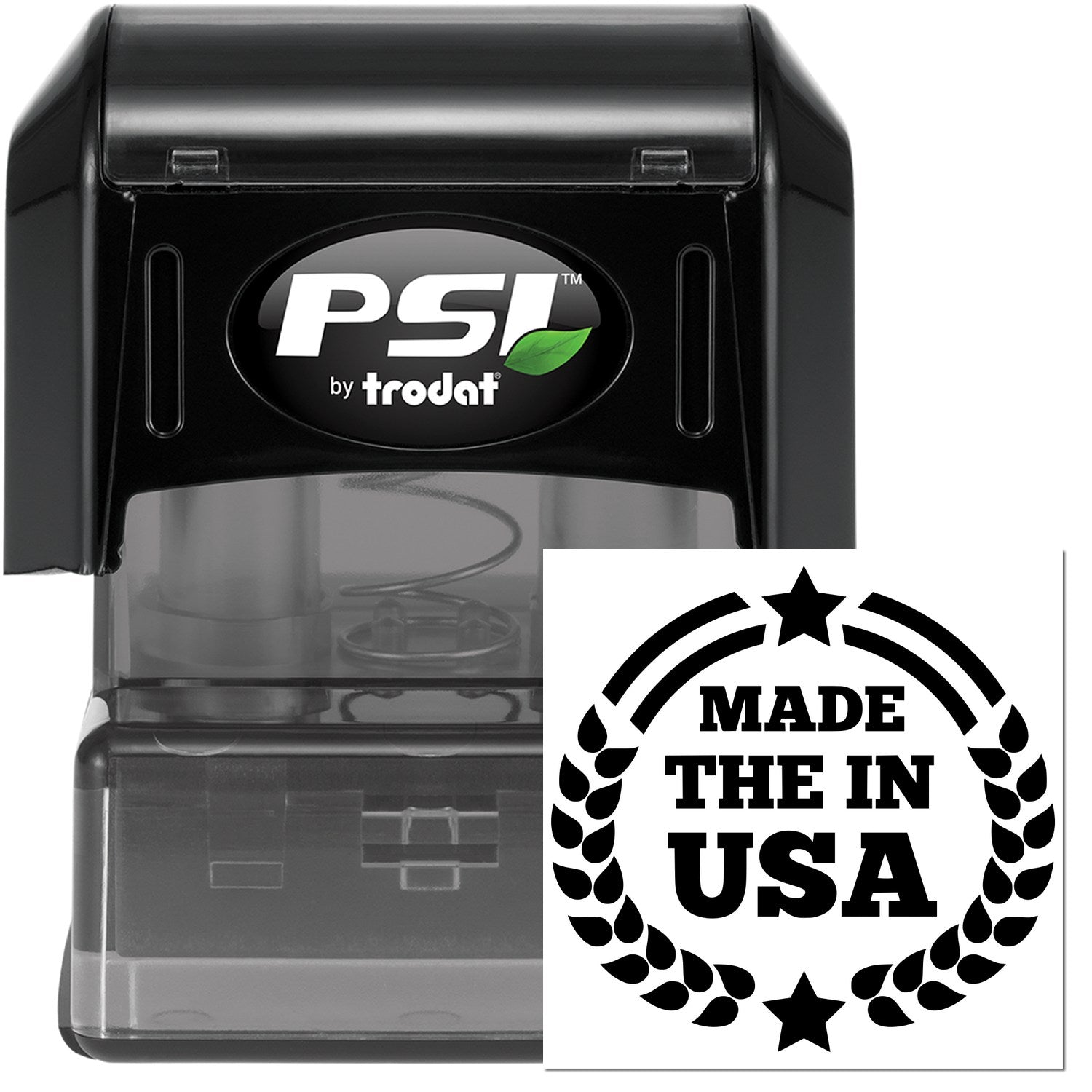 PSI Pre-Inked Made In The USA Proudly Stamp, black casing with clear base, featuring 'Made In The USA' emblem. Ideal for high-quality, durable stamping needs.