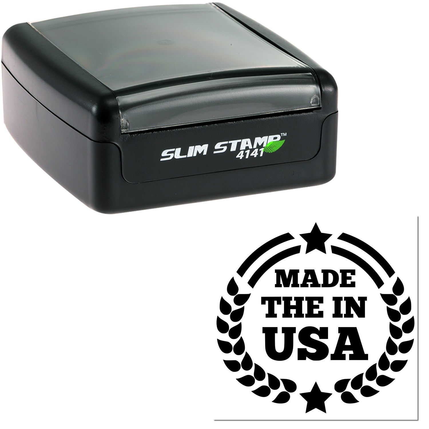 Slim Pre-Inked Made In The USA Proudly Stamp, featuring a compact black design with 'Slim Stamp 4141' branding, and a 'Made in the USA' emblem. Ideal for efficient stamping.