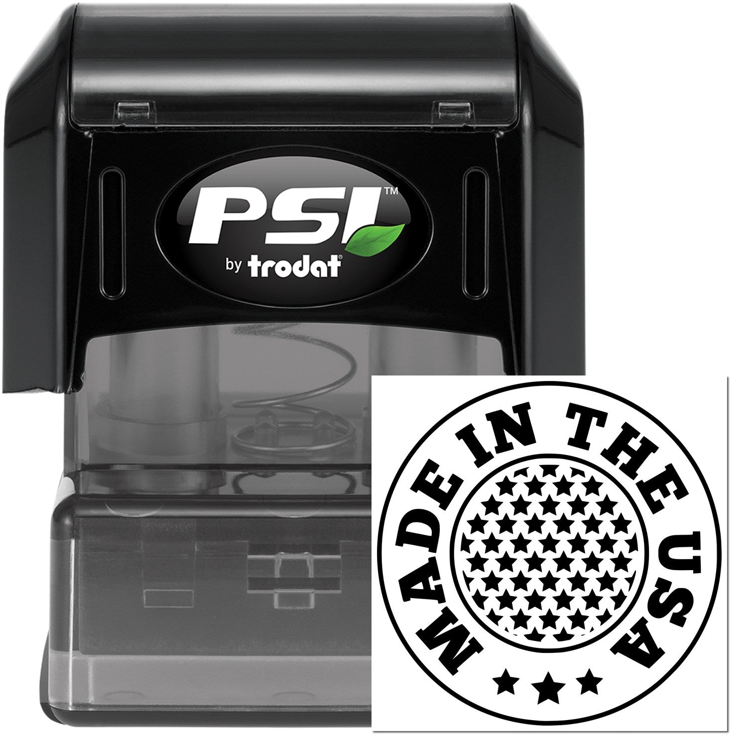 PSI Pre-Inked Stars Of America Stamp, black casing, with 'Made in the USA' circular star design, by Trodat. Ideal for crafting and official use.