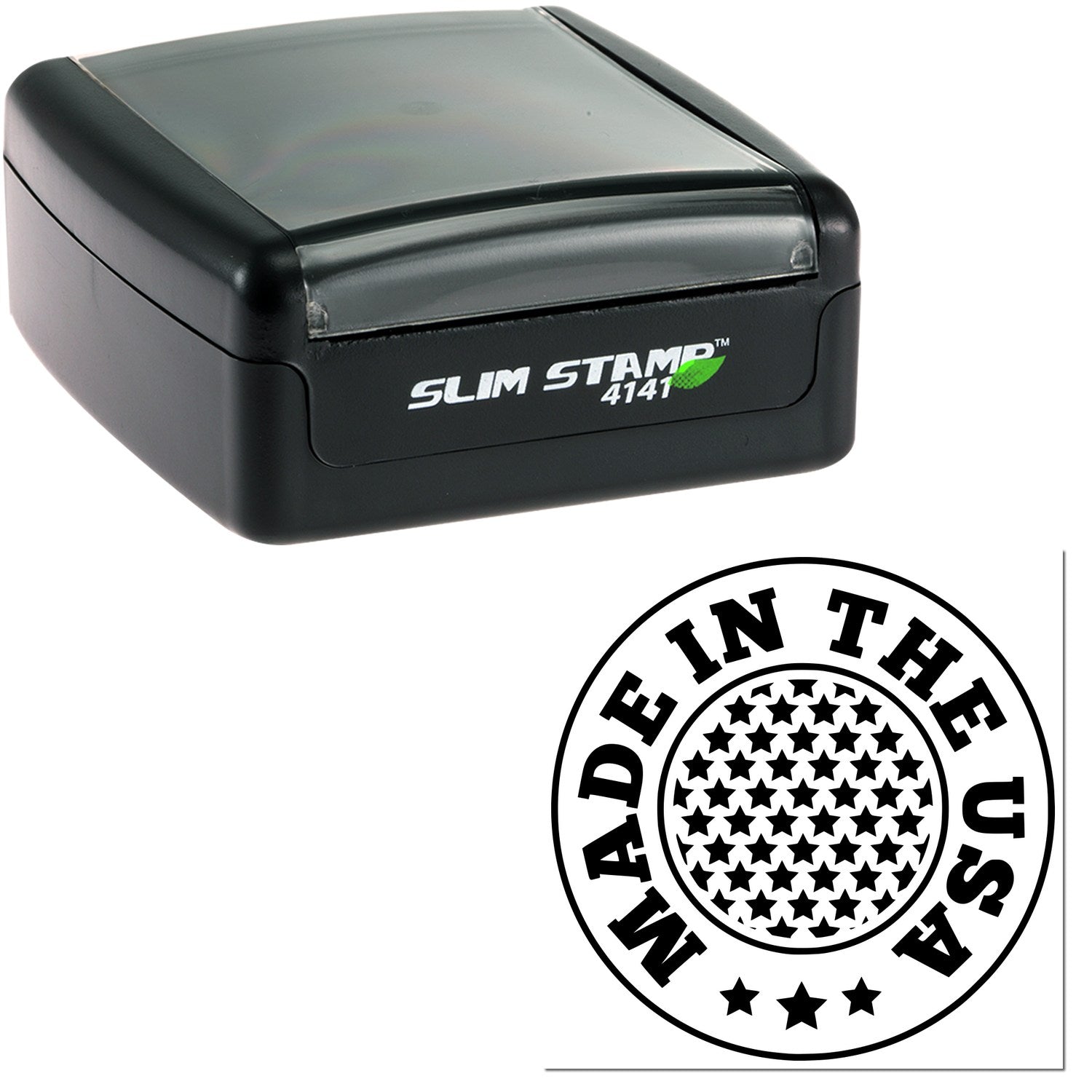 Slim Pre-Inked Stars Of America Stamp, compact black design, features Made in the USA with star pattern. Ideal for efficient, high-quality stamping.