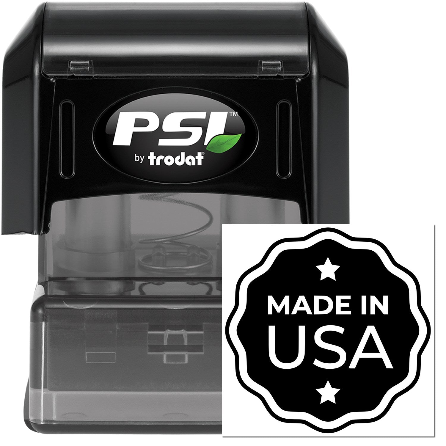 PSI Pre-Inked USA Craftsmanship Seal Stamp, black casing, with Made in USA design. Ideal for professional use, ensuring clear, consistent impressions.