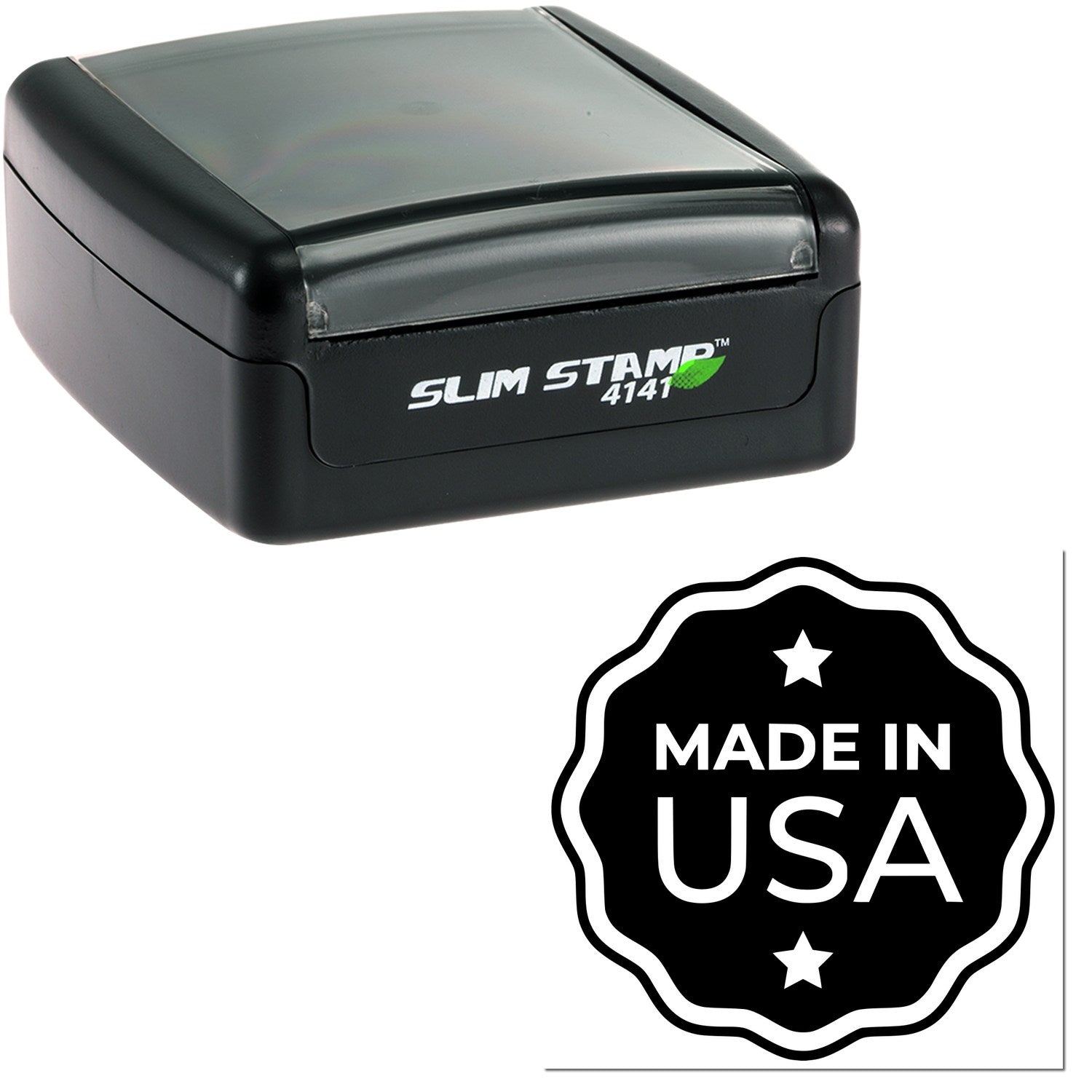 Slim Pre-Inked USA Craftsmanship Seal Stamp in black, featuring a compact design with Made in USA emblem. Ideal for professional use, ensuring clear, crisp impressions.