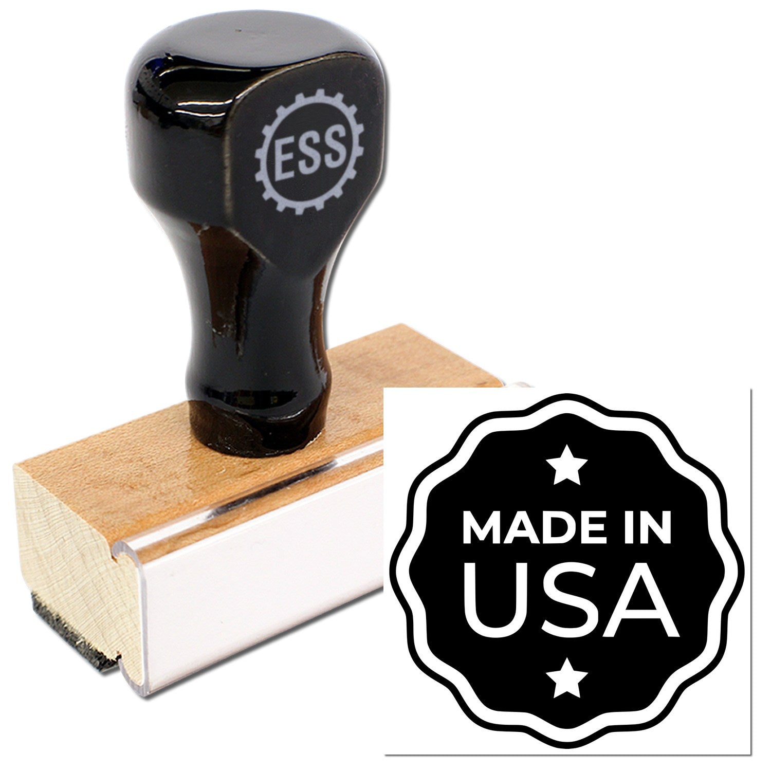 Wood Handle USA Craftsmanship Seal Rubber Stamp with black top and ESS logo, featuring a Made in USA design. Perfect for adding a professional touch to documents and crafts.