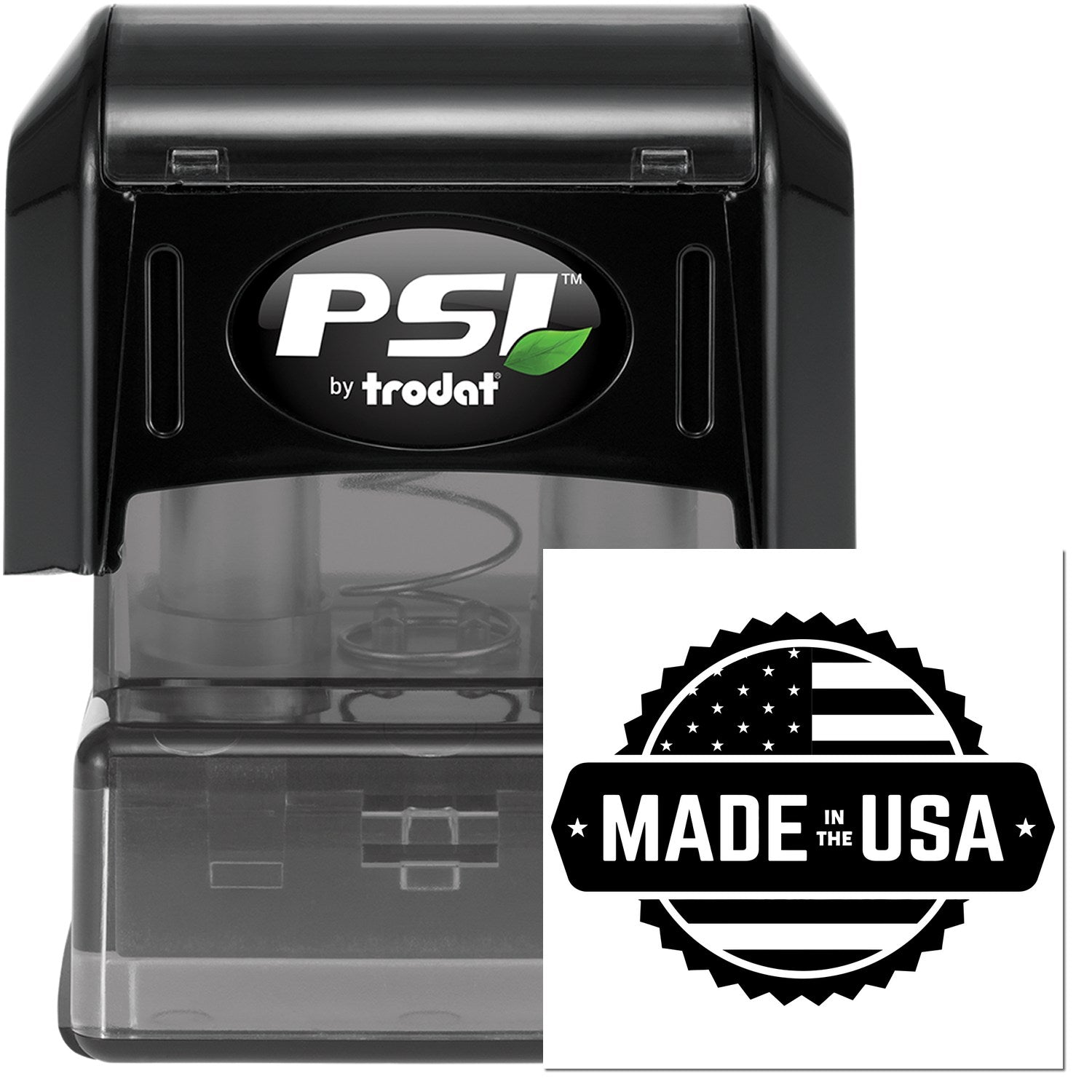 PSI Pre-Inked American Craftsmanship Seal Stamp, featuring a Made in the USA design, with a durable black casing and clear imprint area for precise stamping.