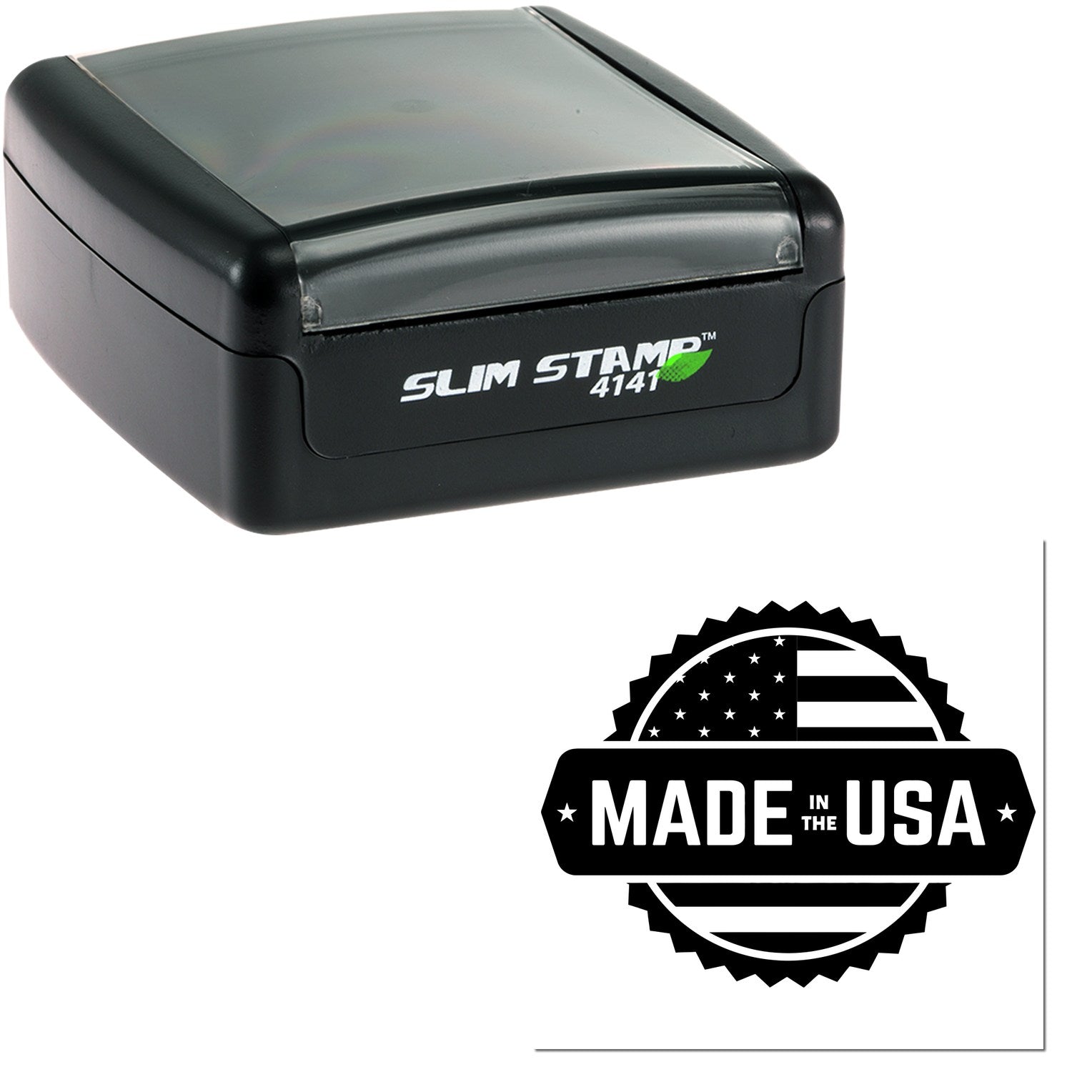 Slim Pre-Inked American Craftsmanship Seal Stamp, compact black design, featuring 'Made in the USA' emblem, ideal for professional use.