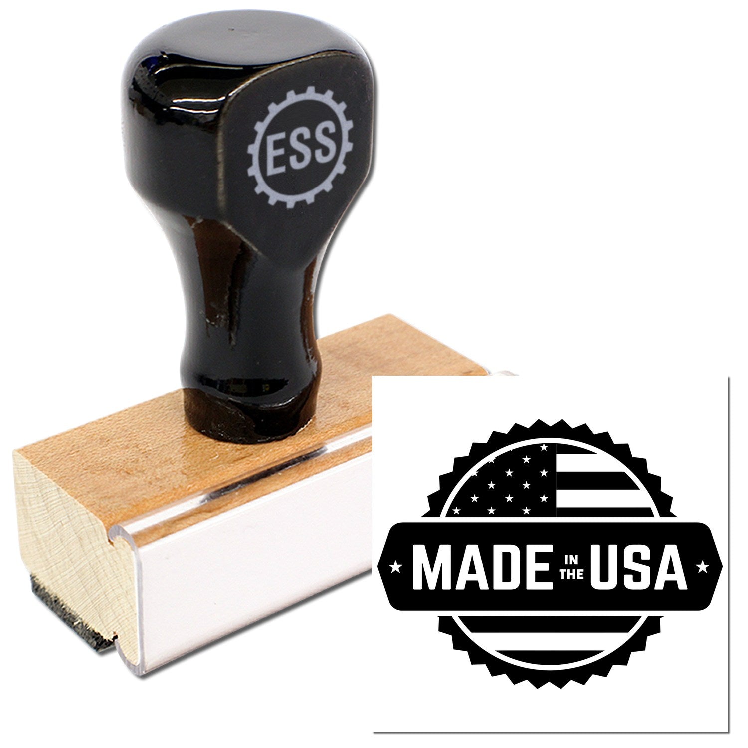 Wood Handle American Craftsmanship Seal Rubber Stamp with black top and ESS logo, featuring a Made in the USA design. Perfect for adding a professional touch to documents.