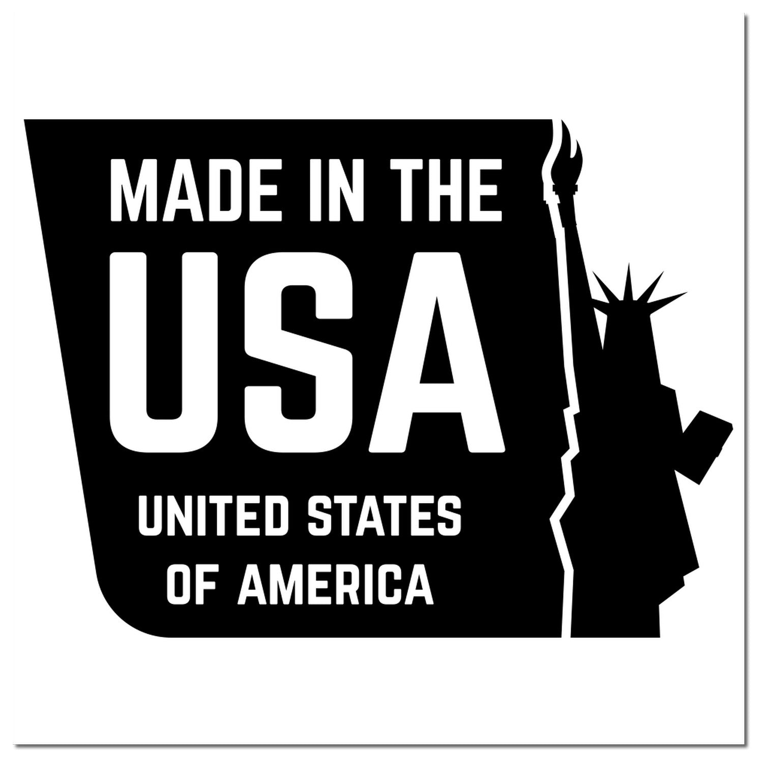 Self-Inking Liberty Made USA Stamp featuring bold 'Made in the USA' text with a silhouette of the Statue of Liberty. Ideal for marking documents with American pride.