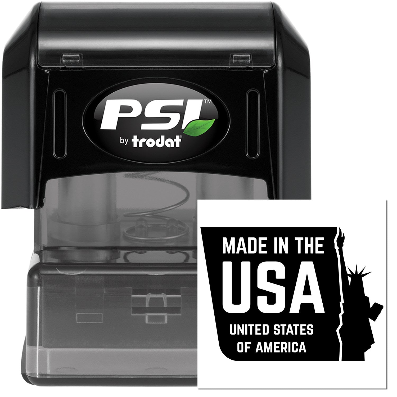 PSI Pre-Inked Liberty Made USA Stamp, black casing, featuring 'Made in the USA' with Statue of Liberty design. Compact and durable for clear, professional stamping.