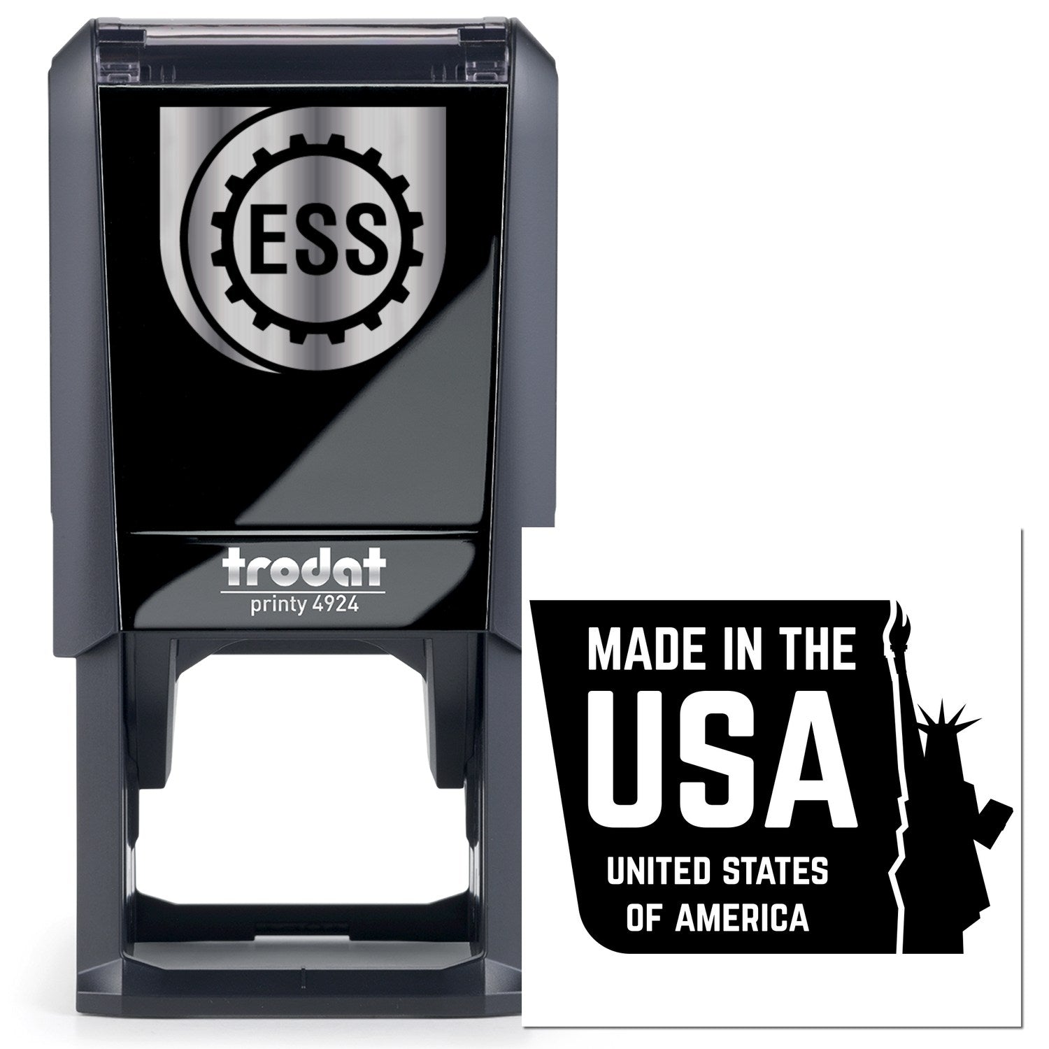 Self-Inking Liberty Made USA Stamp, featuring a sleek black design with ESS logo, and Made in the USA text. Ideal for efficient, high-quality stamping.