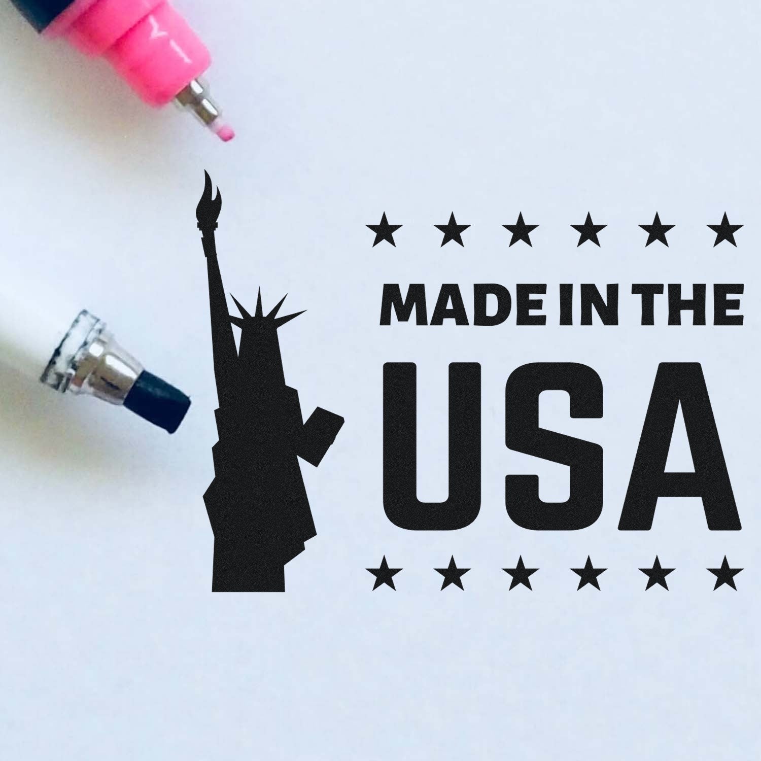 PSI Pre-Inked Liberty Made In The USA Stamp with Statue of Liberty design and 'Made in the USA' text, featuring black ink and compact design.