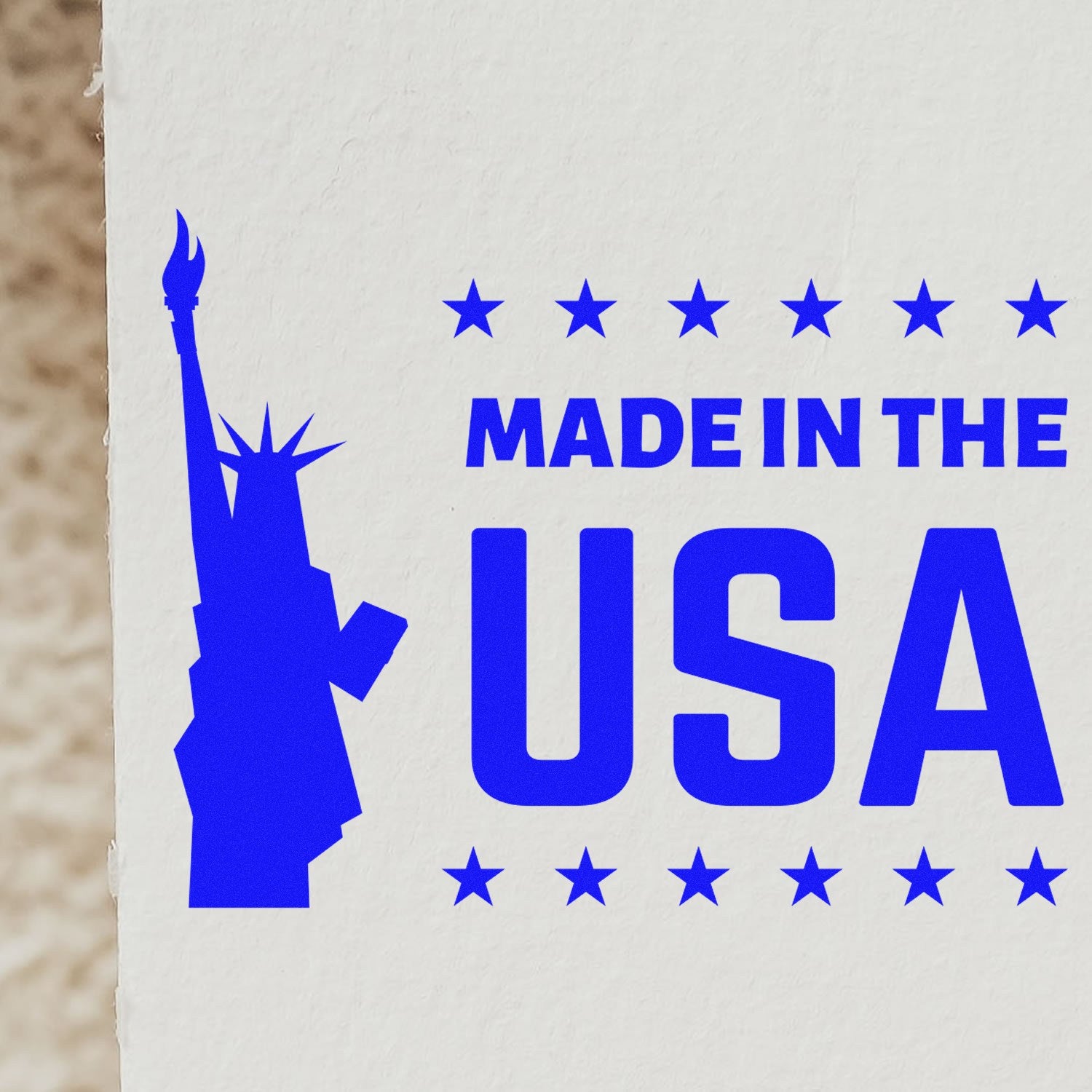 Wood Handle Liberty Made In The USA Rubber Stamp imprint showing blue Statue of Liberty silhouette and 'Made in the USA' text on white background.