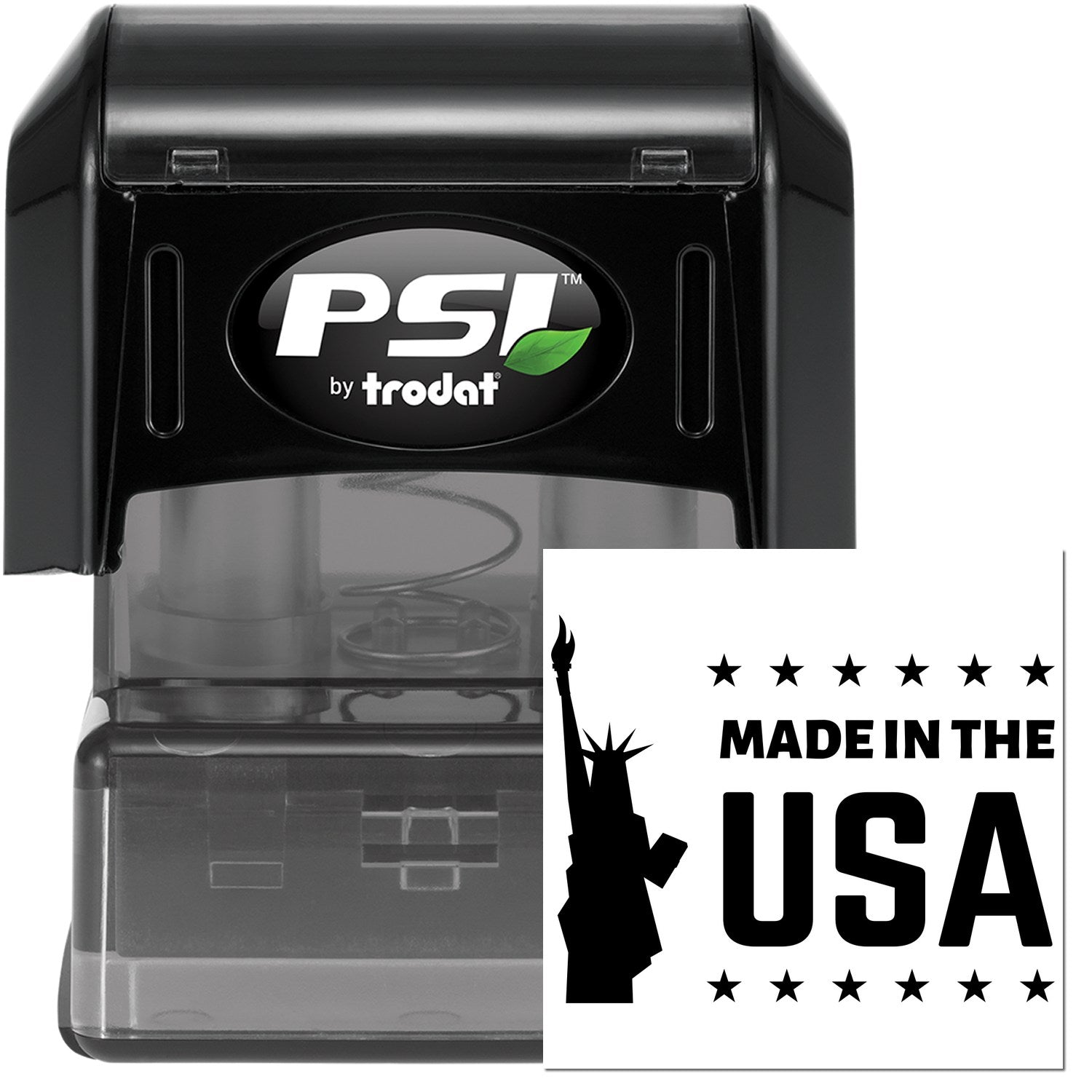 PSI Pre-Inked Liberty Made In The USA Stamp, black casing, features Made in the USA with Liberty design. Durable and efficient for clear impressions.