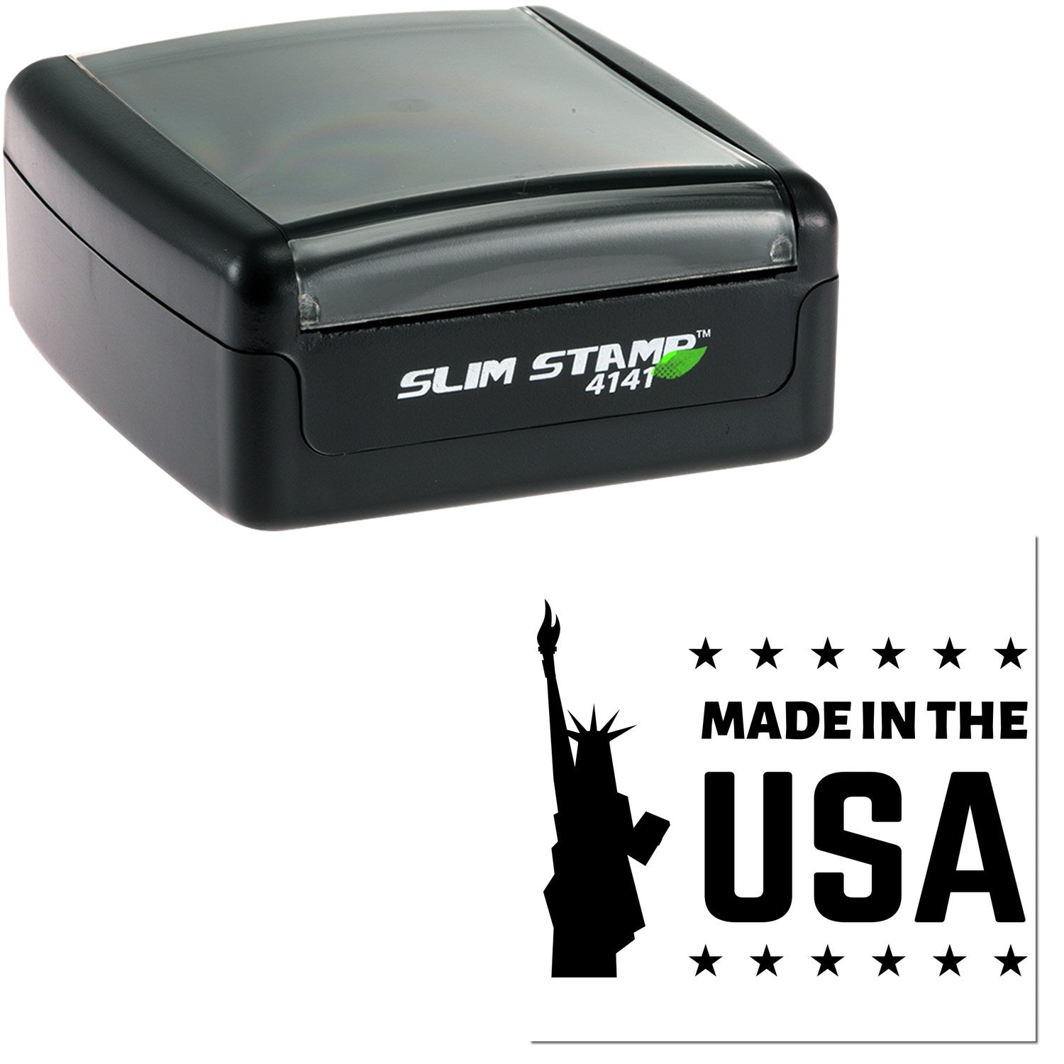 Slim Pre-Inked Liberty Made In The USA Stamp, compact black design with 'Slim Stamp 4141' label, featuring a 'Made in the USA' emblem.