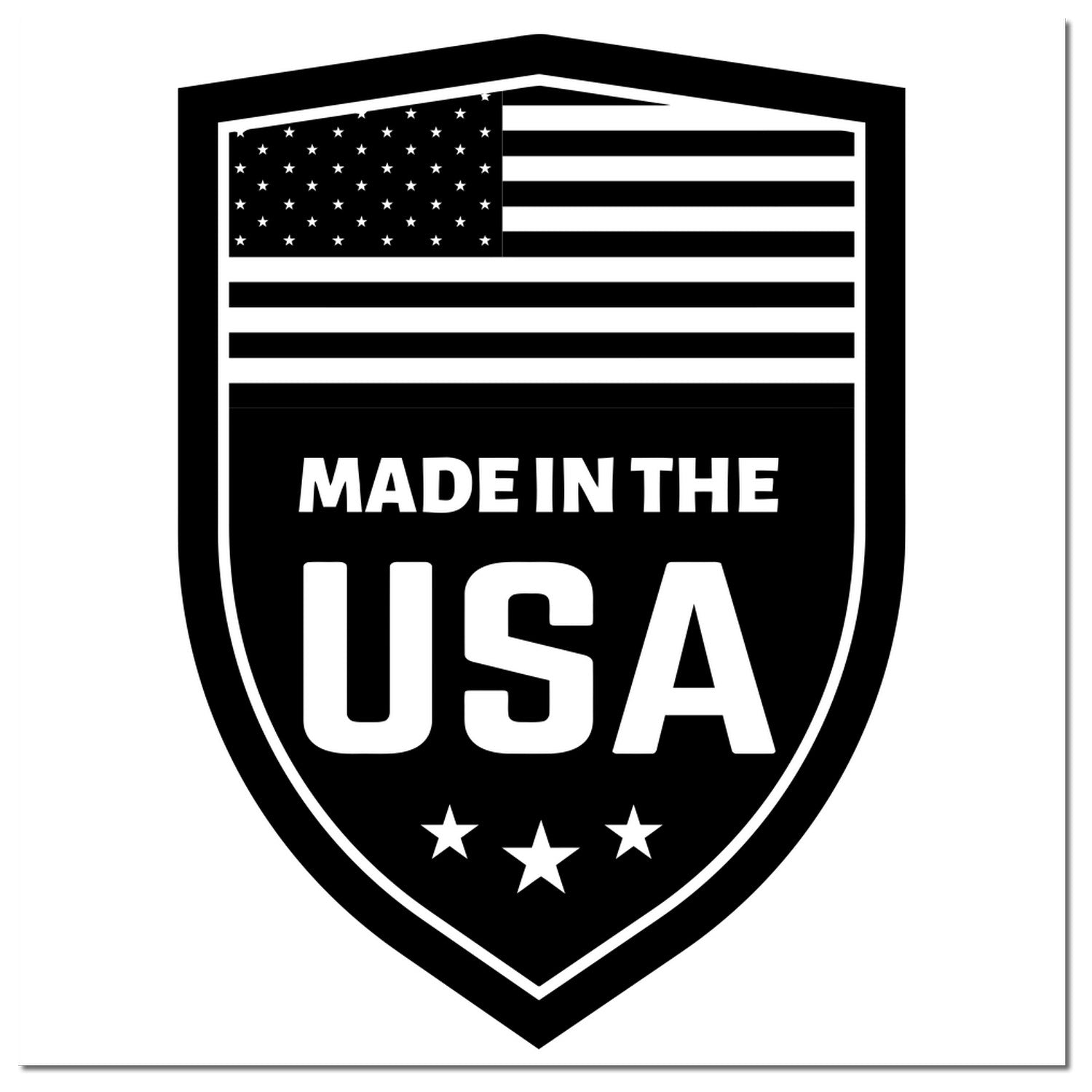 Self-Inking Proudly Made In The USA Stamp featuring a black shield design with an American flag and stars, highlighting its origin. Perfect for marking documents with patriotic pride.