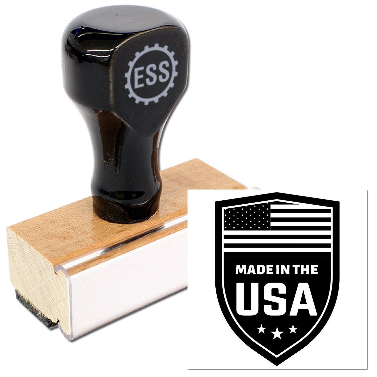 Wood Handle Proudly Made In The USA Rubber Stamp with black top and engraved ESS logo, featuring a wooden base and a Made in the USA emblem. Perfect for crafting and business use.