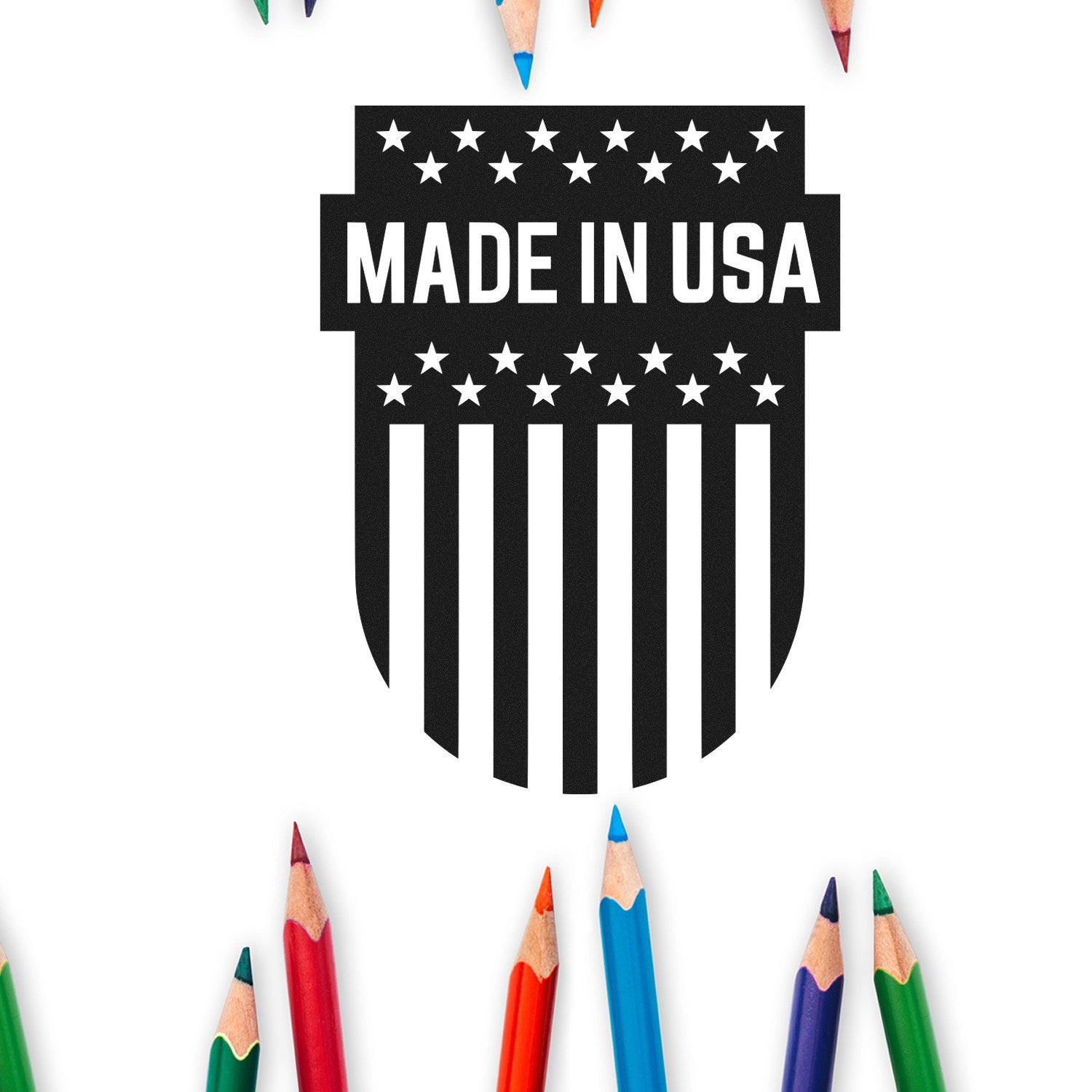 Wood Handle Patriotic Emblem Rubber Stamp featuring Made in USA text with stars and stripes design, surrounded by colorful pencils. Perfect for crafting and patriotic projects.